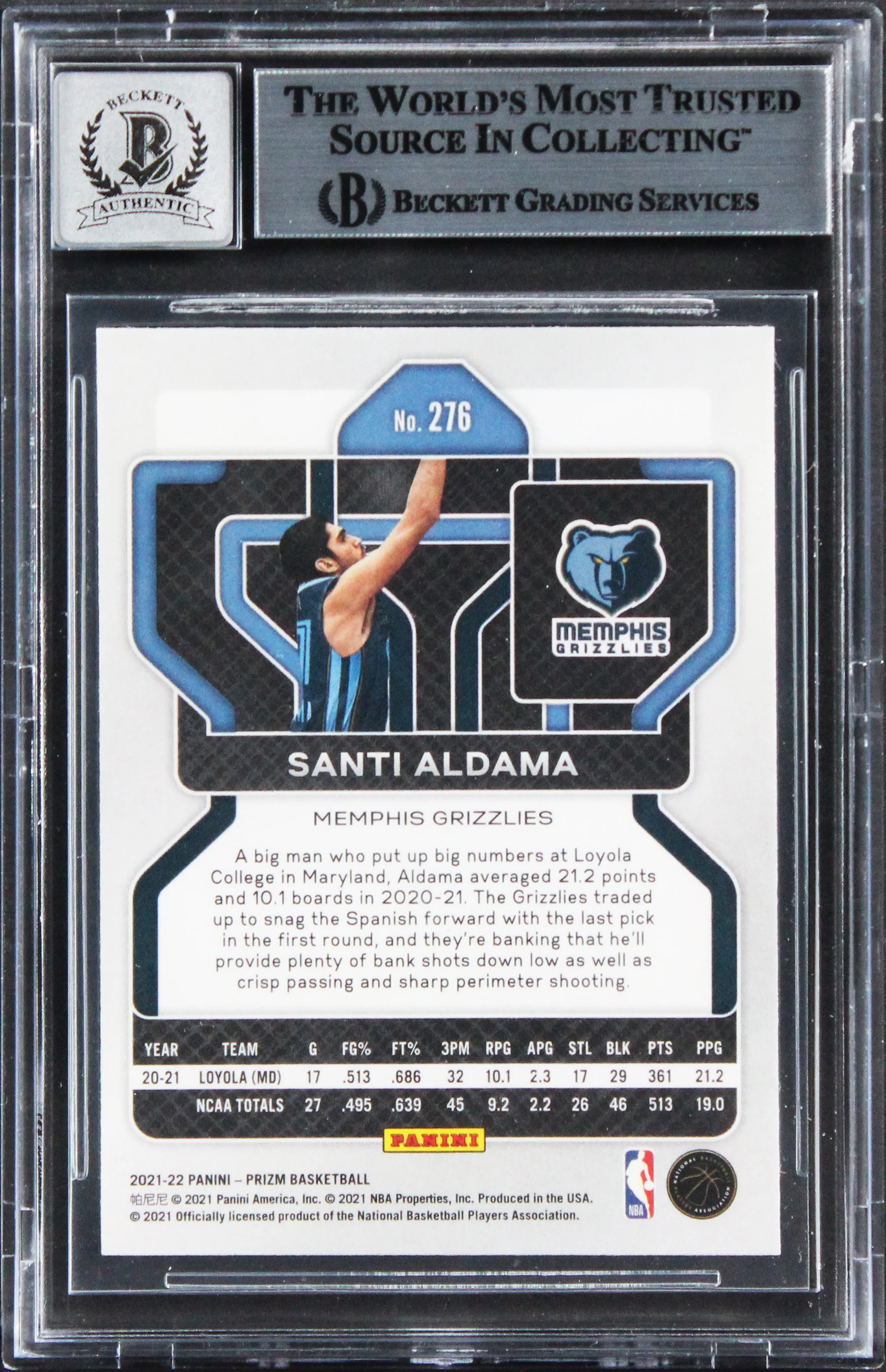 Grizzlies Santi Aldama Signed 2021 Panini #276 Rookie Card Auto 10! BAS Slabbed - Image 3