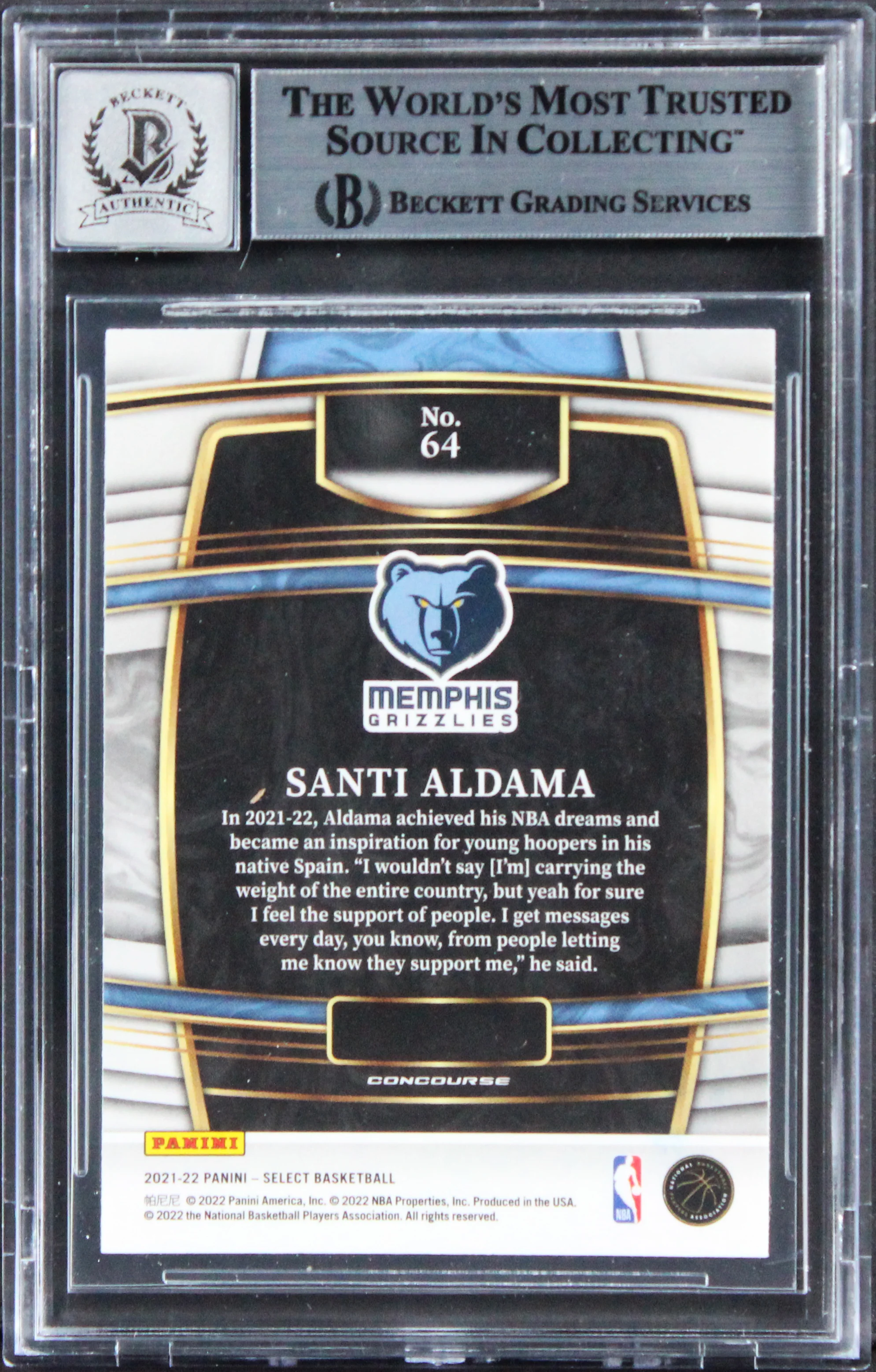 Grizzlies Santi Aldama Signed 2021 Select B #64 Rookie Card Auto 10! BAS Slabbed - Image 3