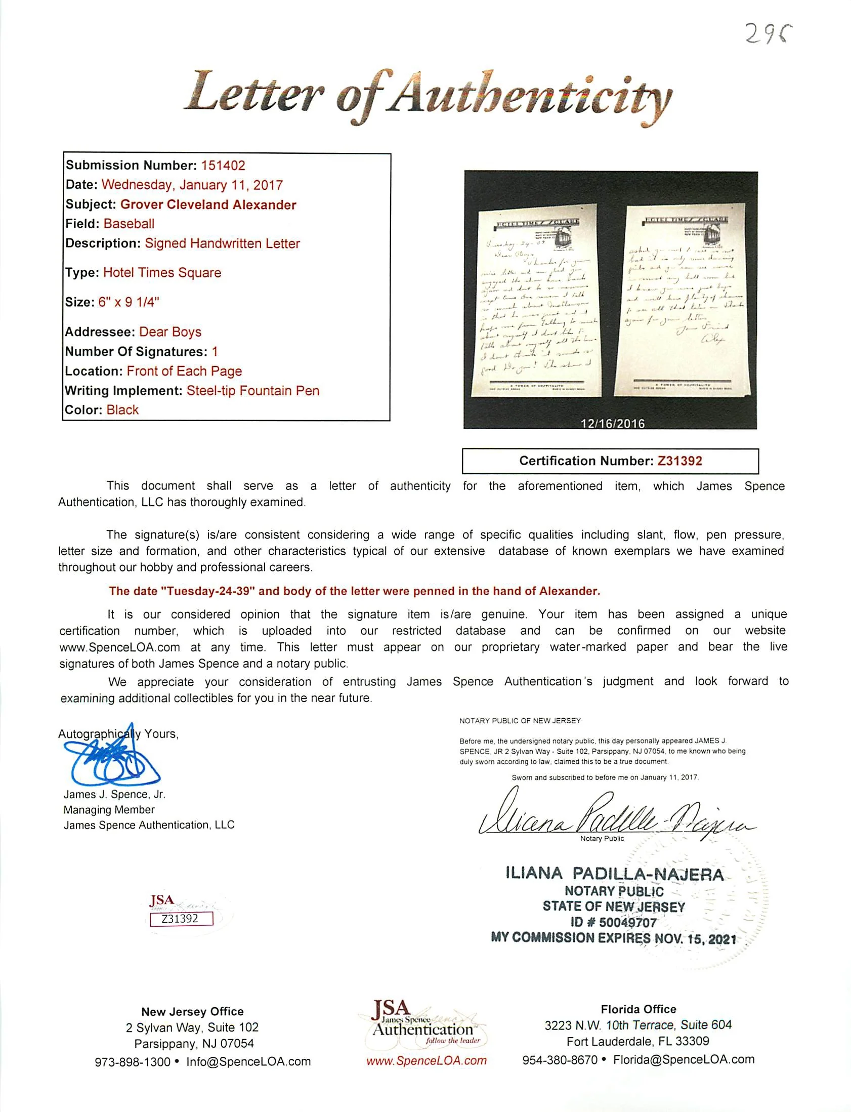 Grover Cleveland Alexander Signed 6x9.25 1939 Handwritten Letter JSA #Z31392 - Image 4