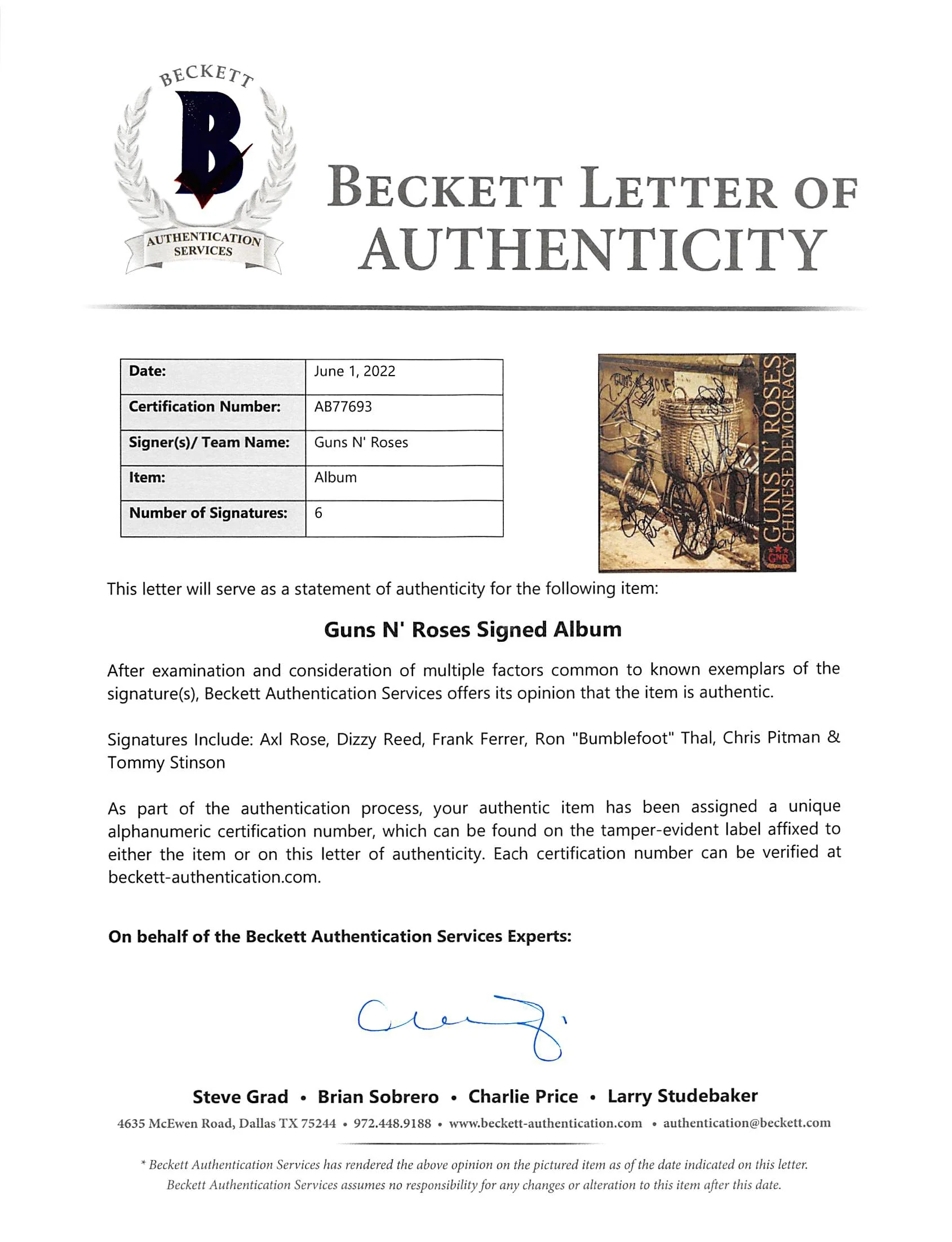Guns N' Roses (6) Axl Rose +5 Signed Chinese Democracy Album Cover BAS #AB77693 - Image 7
