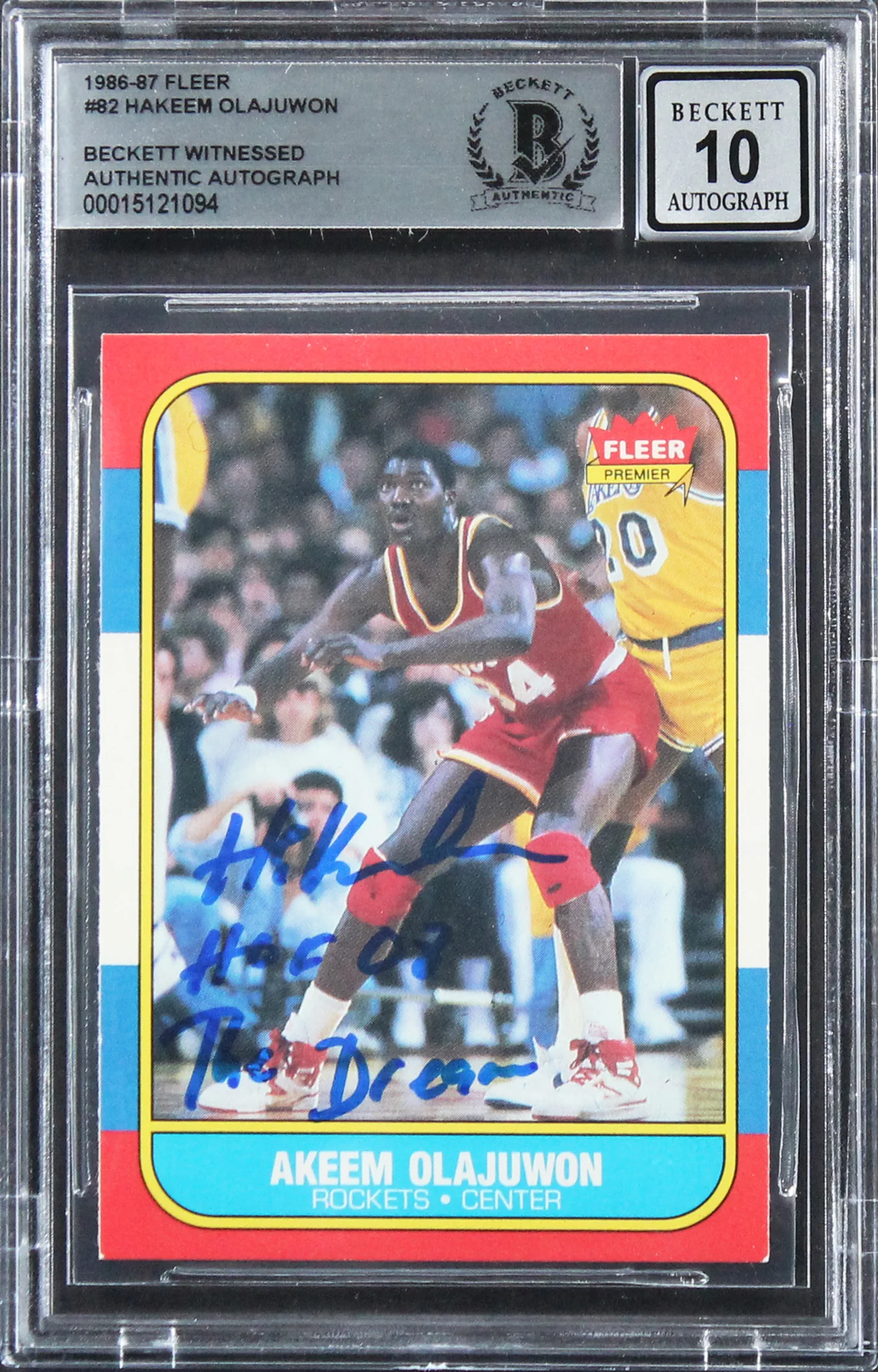 Hakeem Olajuwon "2x Insc" Signed 1986 Fleer #82 Rookie Card Auto 10! BAS Slabbed - Image 2