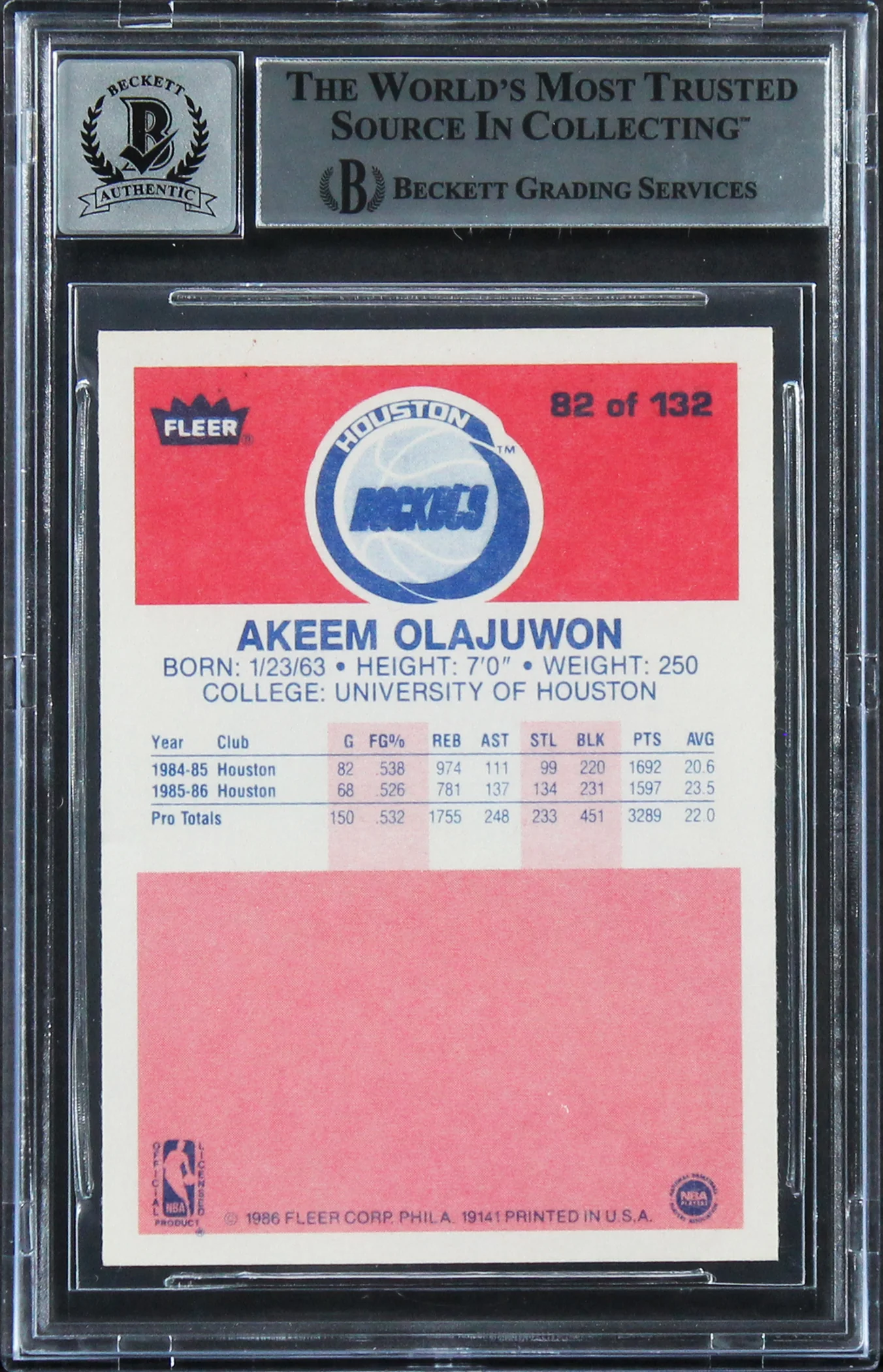 Hakeem Olajuwon "2x Insc" Signed 1986 Fleer #82 Rookie Card Auto 10! BAS Slabbed - Image 3