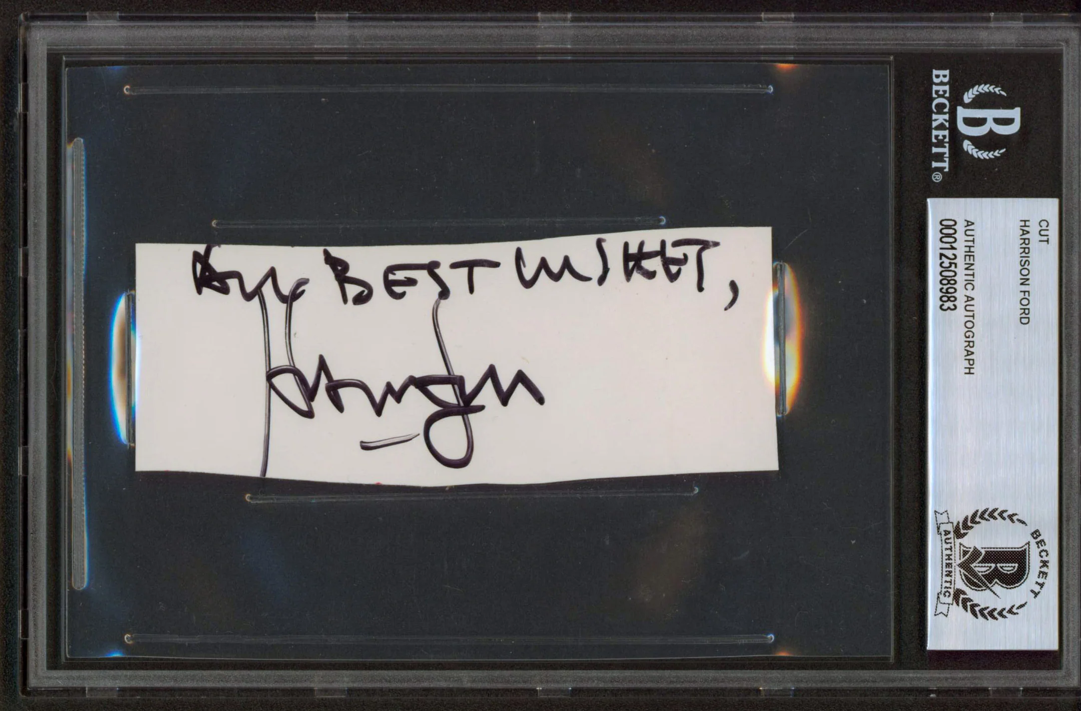 Harrison Ford Star Wars "All Best Wishes" Signed 1.5x4.25 Cut Signature BAS Slab - Image 2