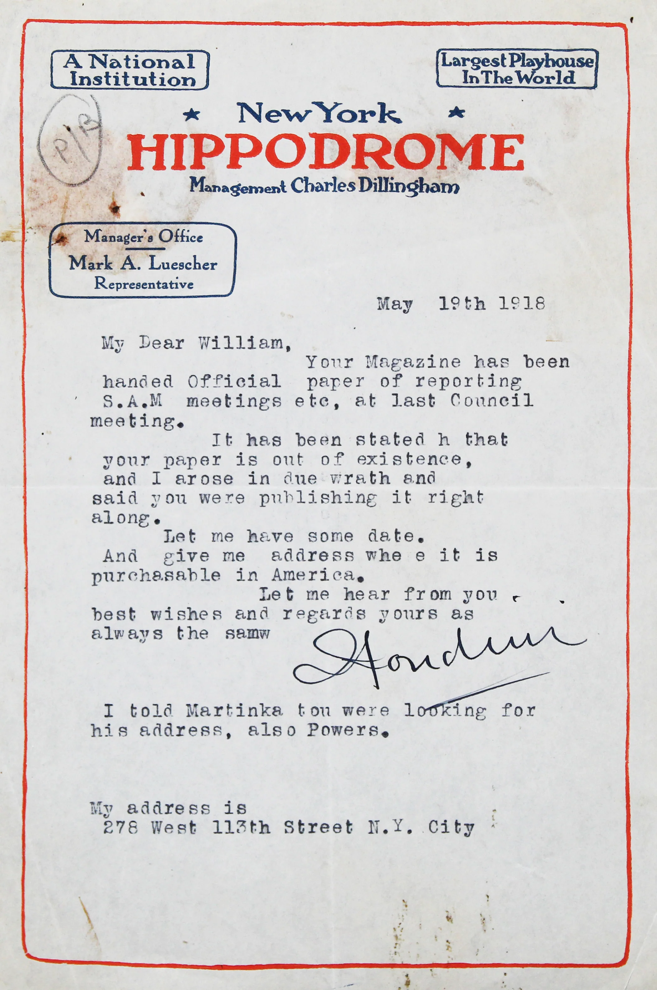 Harry Houdini Authentic Signed 5.5x8.5 Letter Dated May 19th 1918 BAS #AC33273 - Image 2