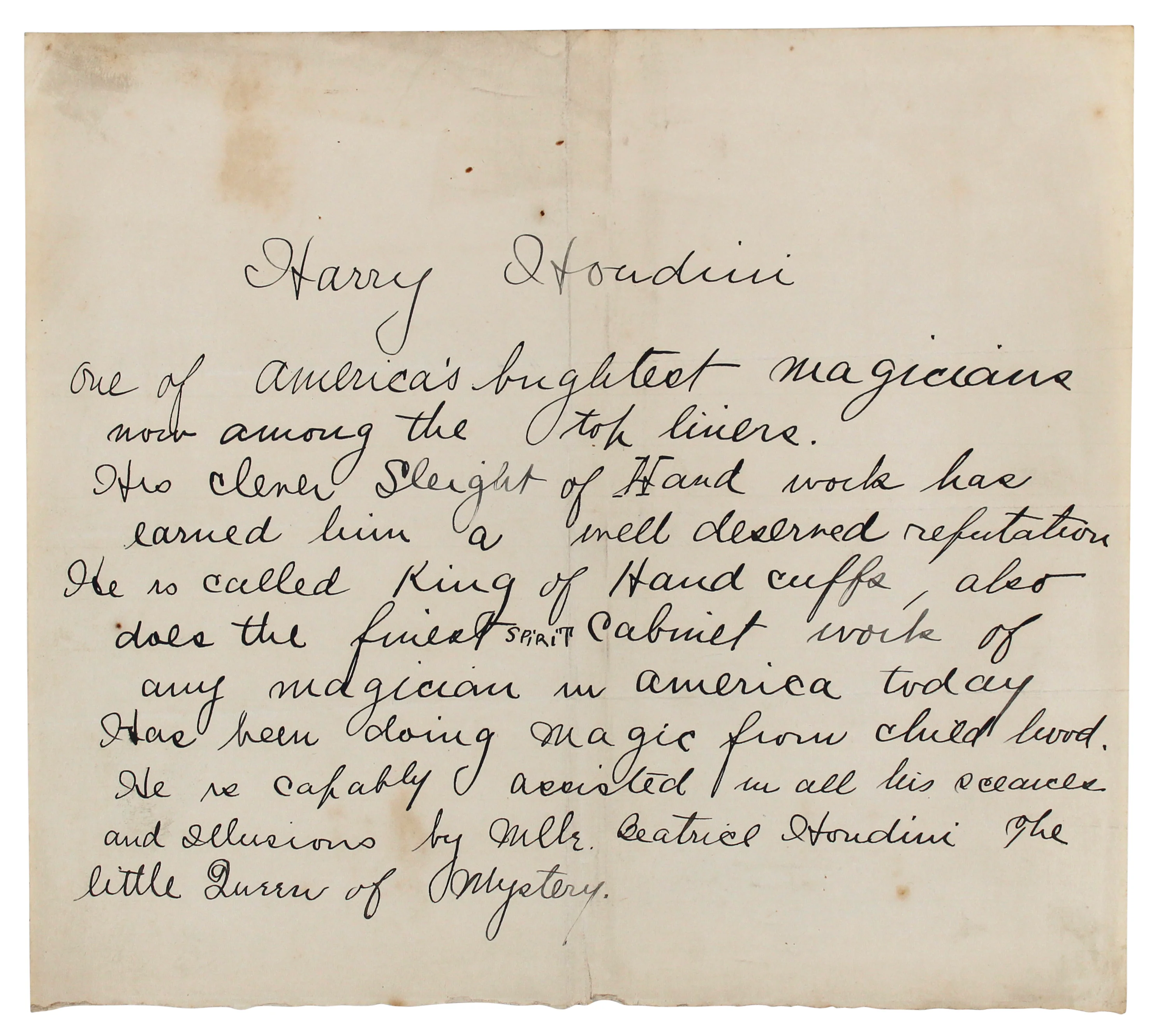 Harry Houdini Authentic Signed 7.25x8.25 Handwritten Press Release BAS #AB76510 - Image 2