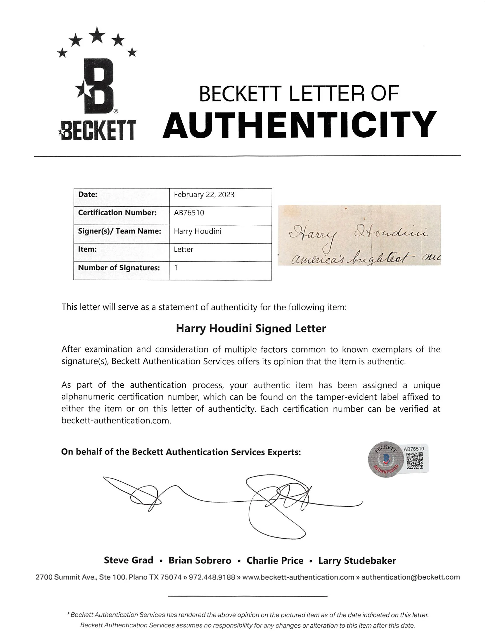 Harry Houdini Authentic Signed 7.25x8.25 Handwritten Press Release BAS #AB76510 - Image 4