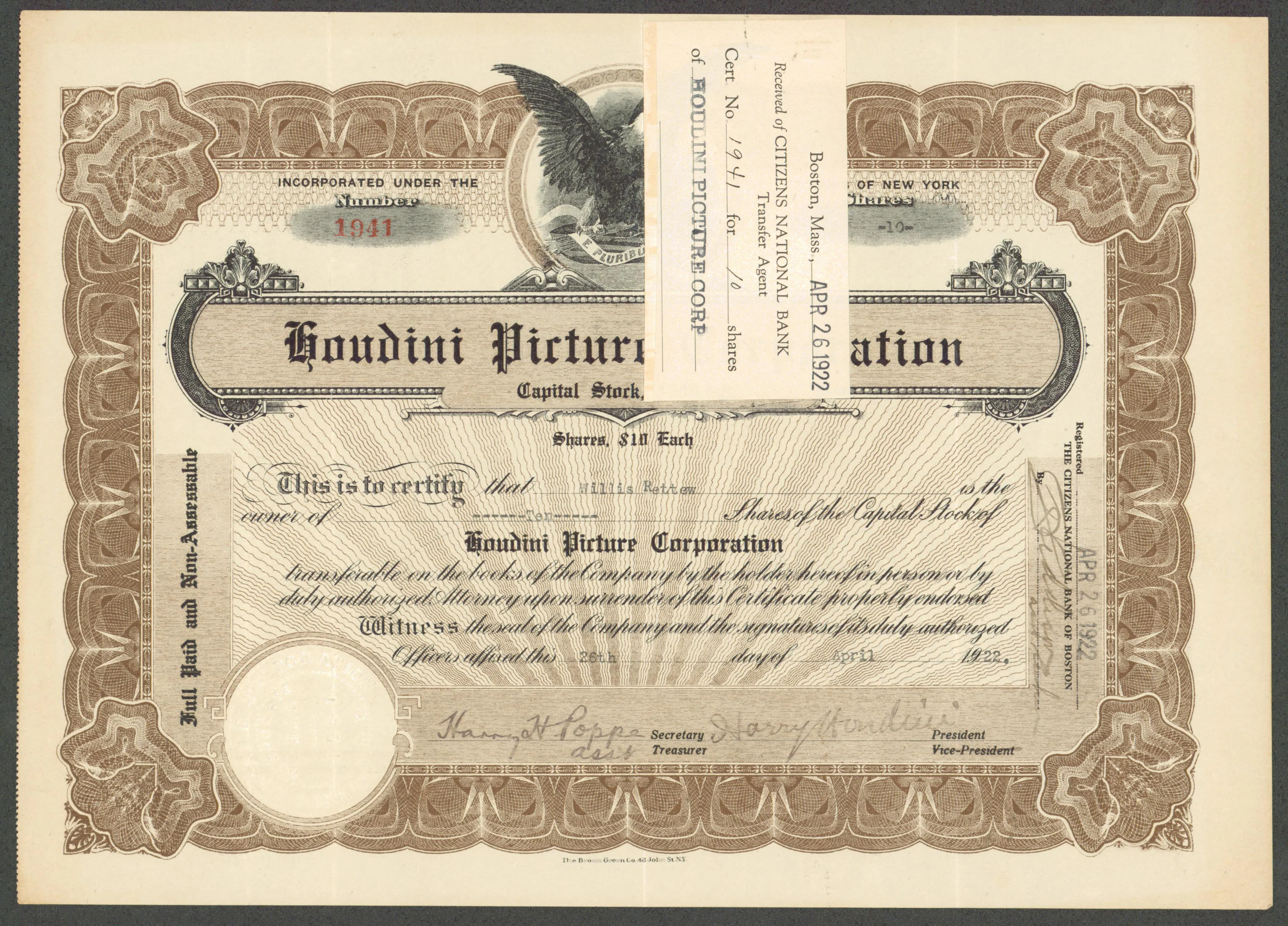 Harry Houdini Signed & Framed 1922 Houdini Picture Corp. Stock Certificate BAS