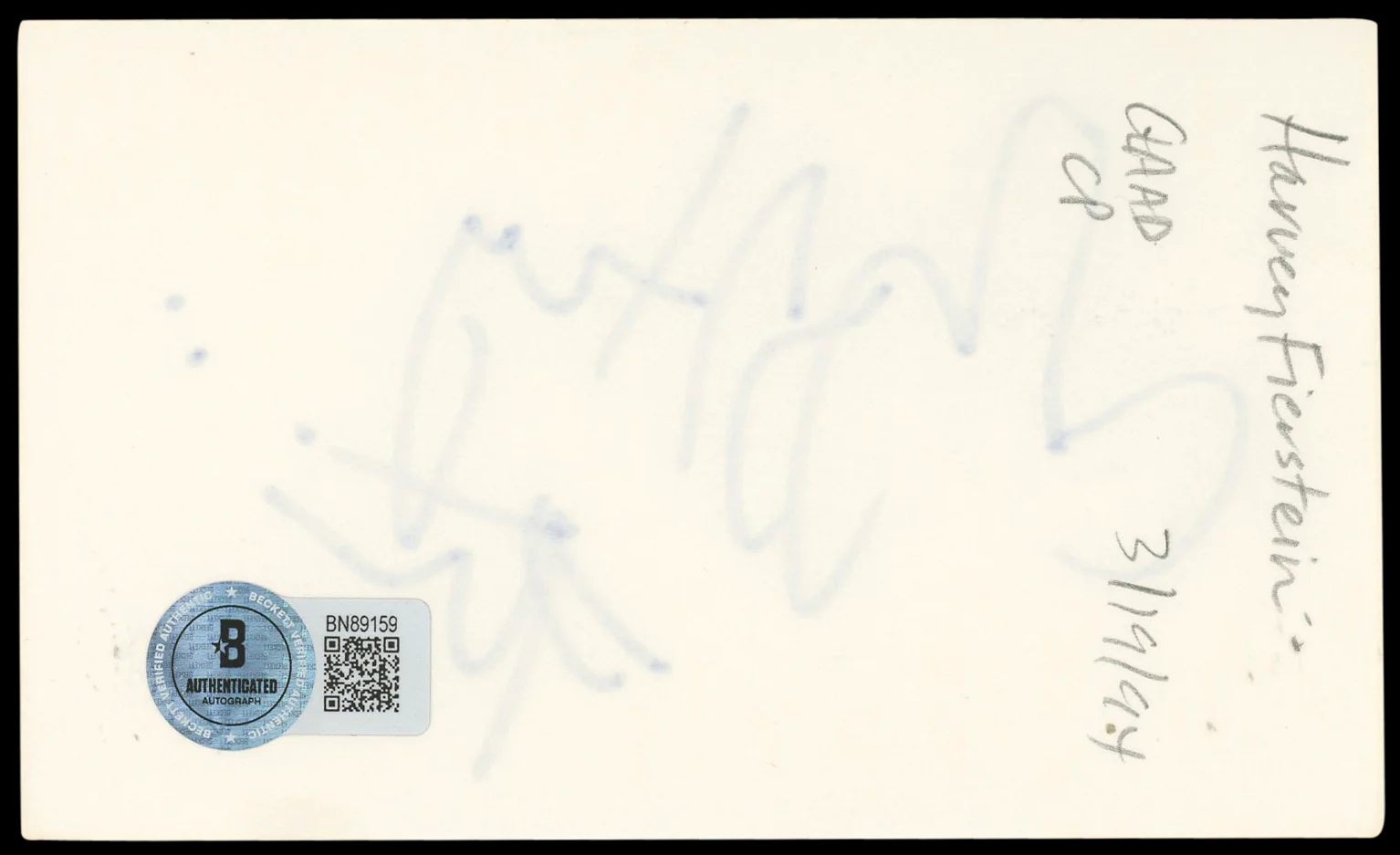 Harvey Fierstein Mrs. Doubtfire Authentic Signed 3x5 Index Card BAS #BN89159 - Image 3