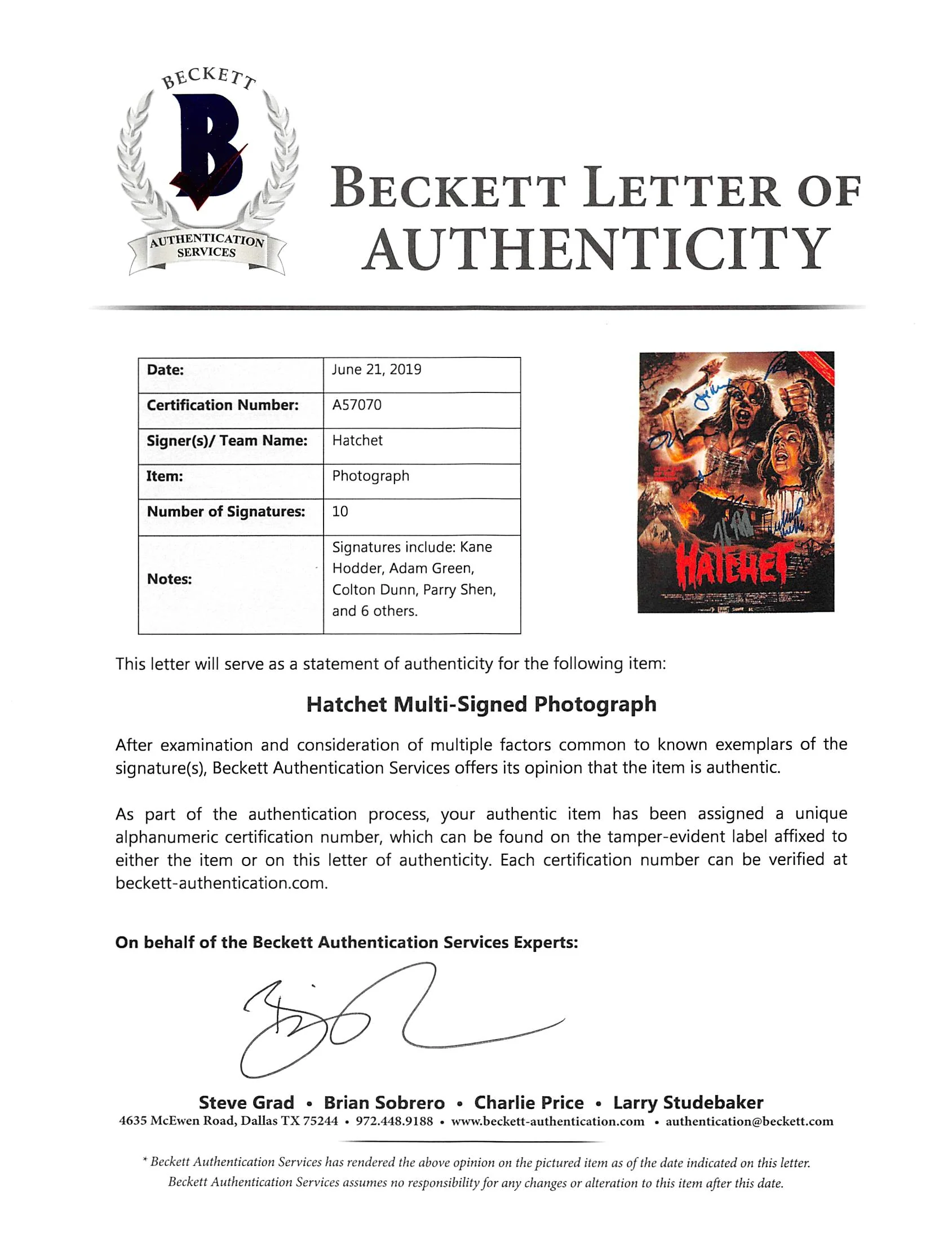 Hatchet (10) Kane Hodder, Green, Dunn, Shen +6 Signed 8x10 Photo BAS #A57070 - Image 3