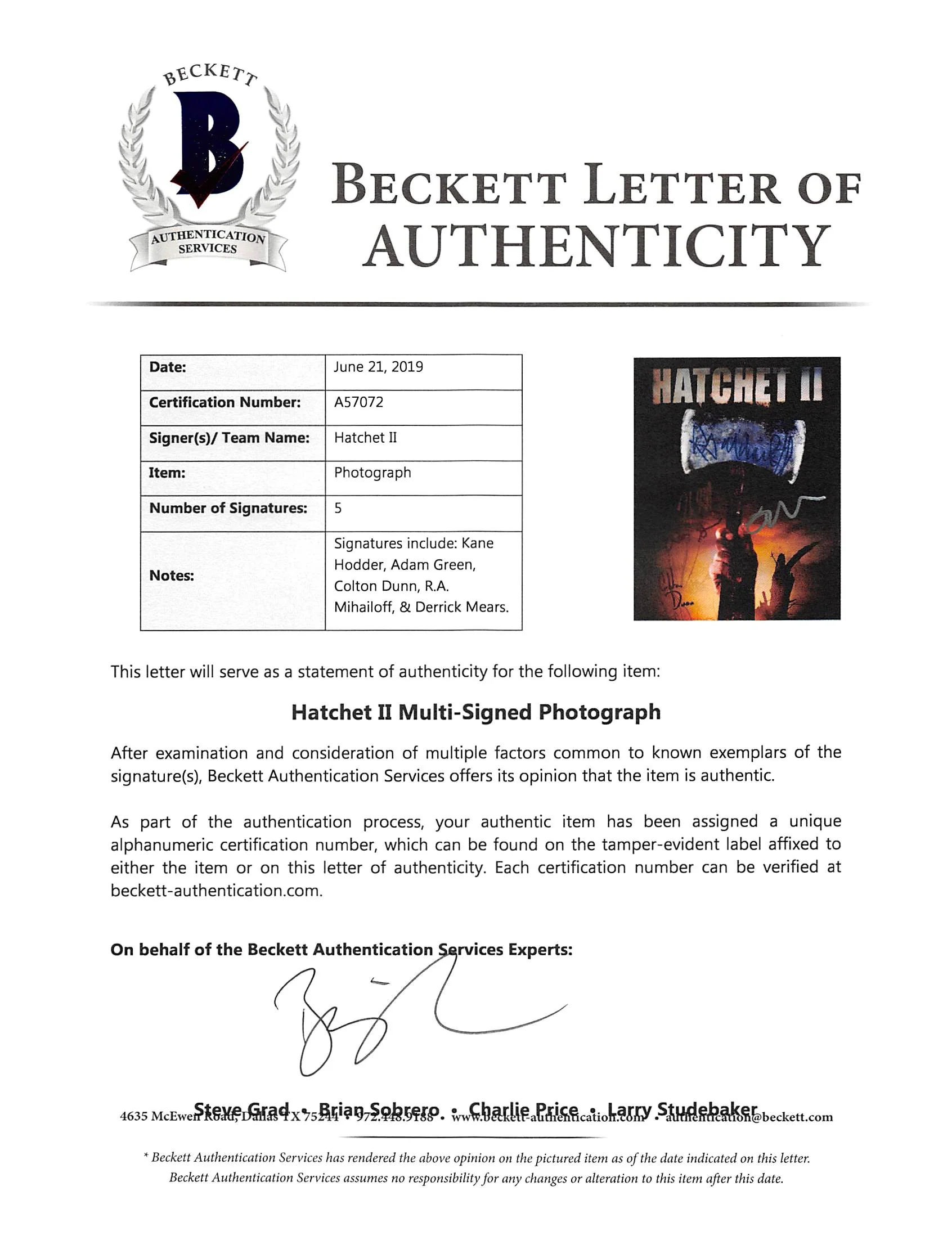 Hatchet 2 (5) Kane Hodder, Mears +3 Authentic Signed 8x10 Photo BAS #A57072 - Image 3