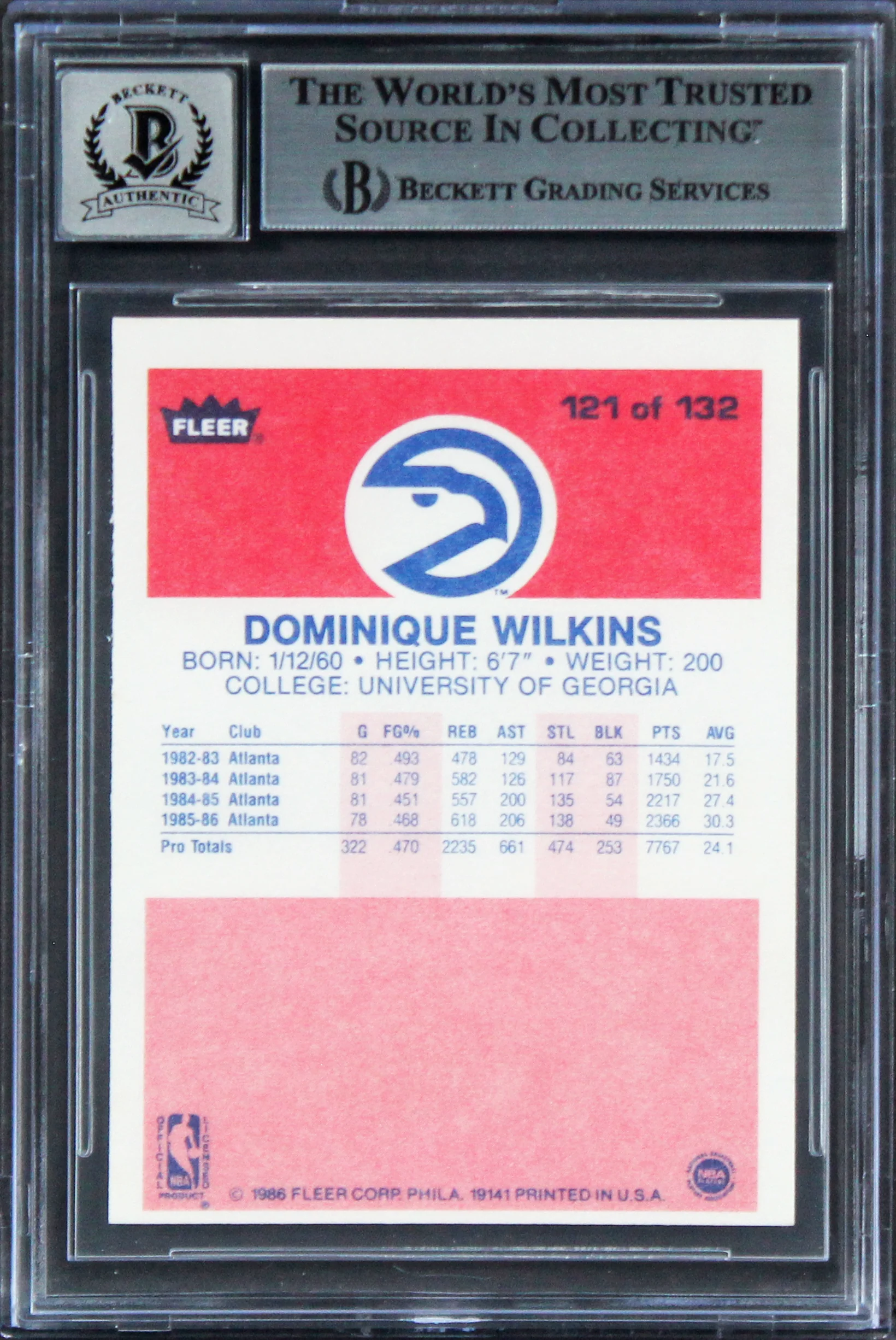 Hawks Dominique Wilkins "HOF" Signed 1986 Fleer #121 RC Card Auto 10! BAS Slab 2 - Image 3