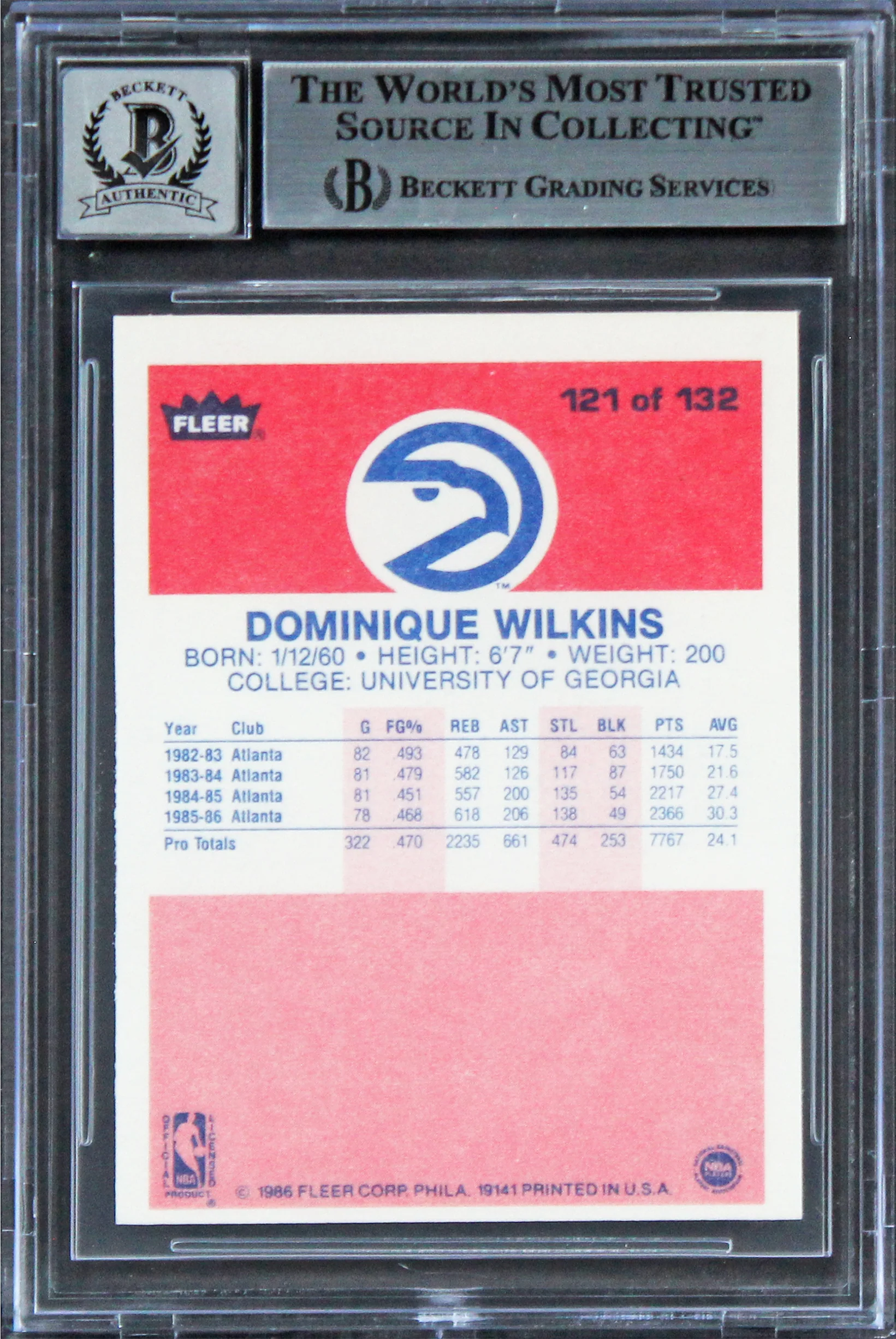 Hawks Dominique Wilkins "HOF" Signed 1986 Fleer #121 RC Card Auto 10! BAS Slab 3 - Image 3