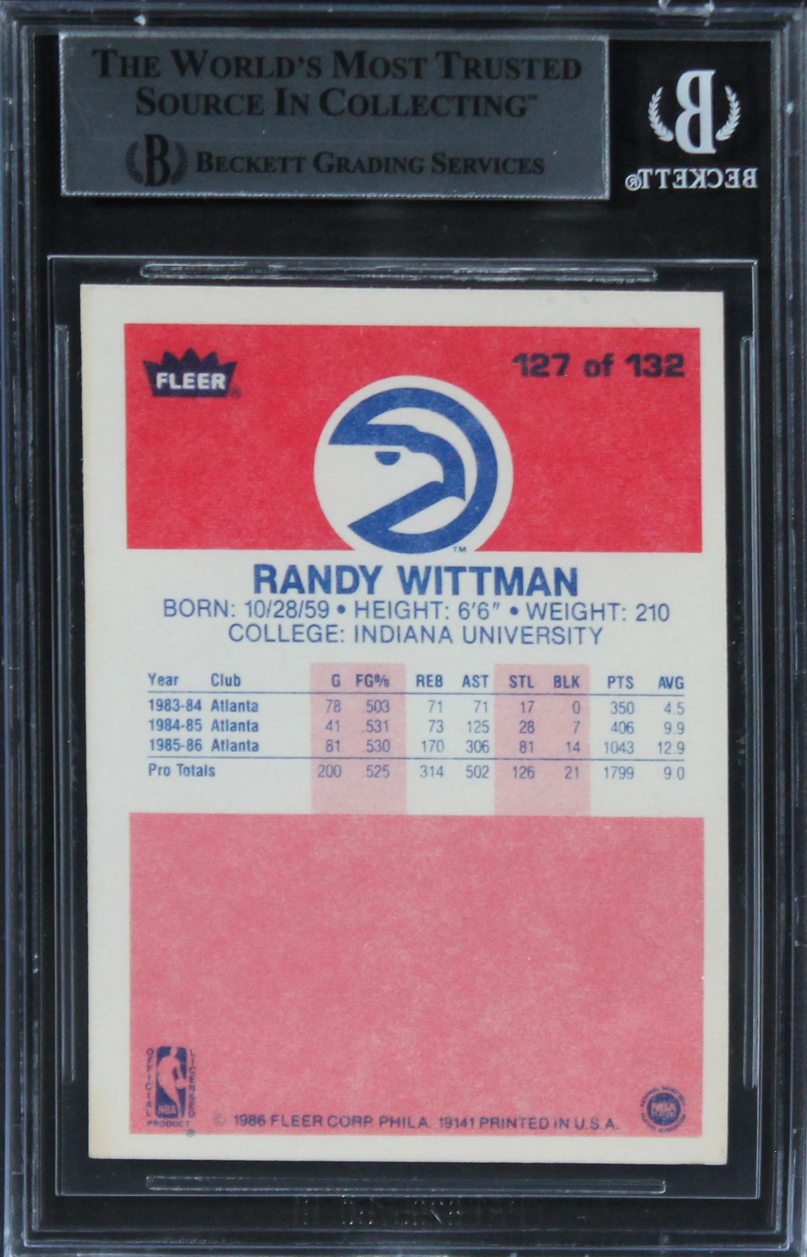 Hawks Randy Wittman Authentic Signed 1986 Fleer #127 Card BAS Slabbed - Image 3