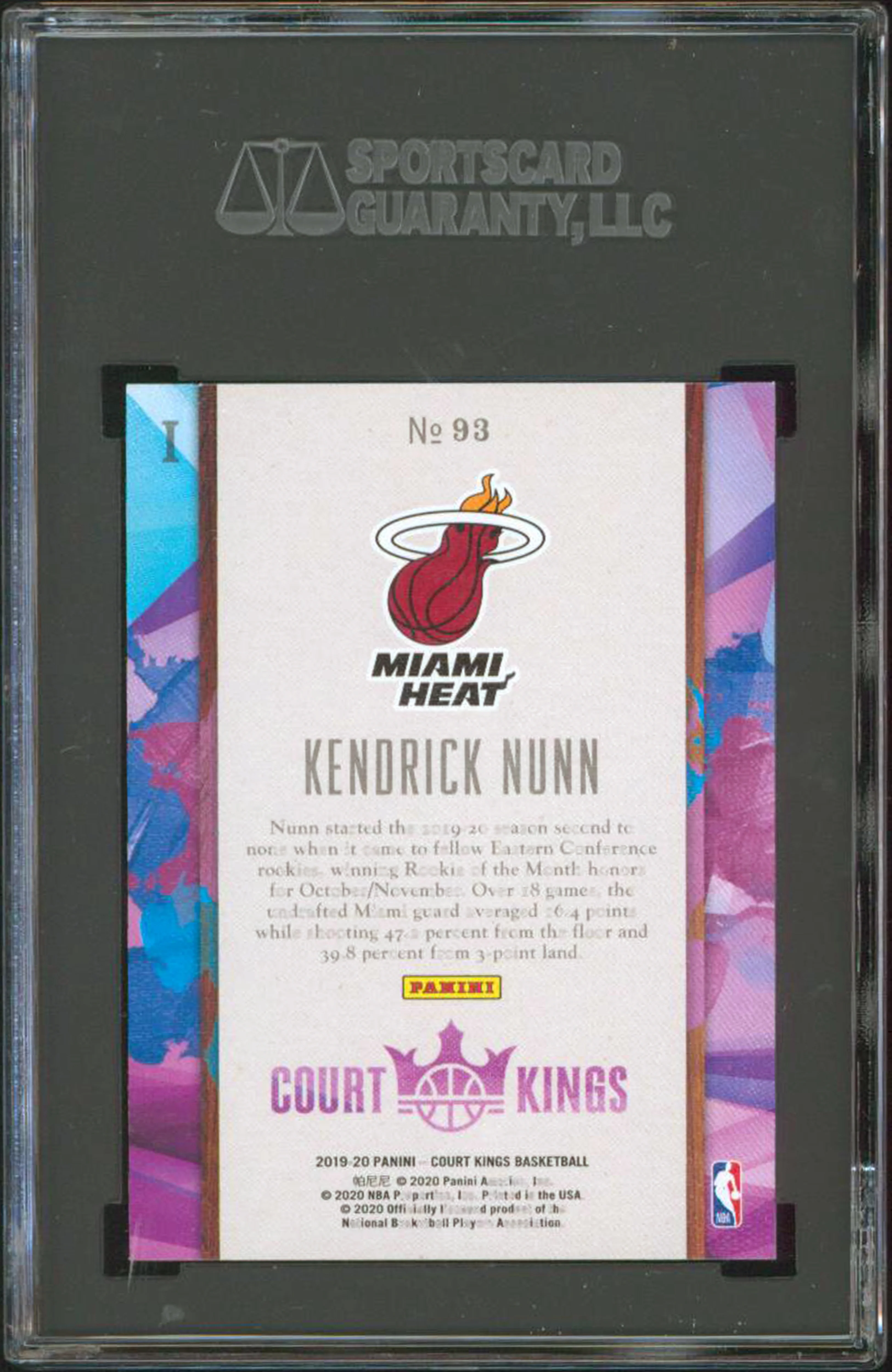 Heat Kendrick Nunn 2019 Panini Court Kings #93 Rookie Card Graded Mint 9! SGC - Image 3