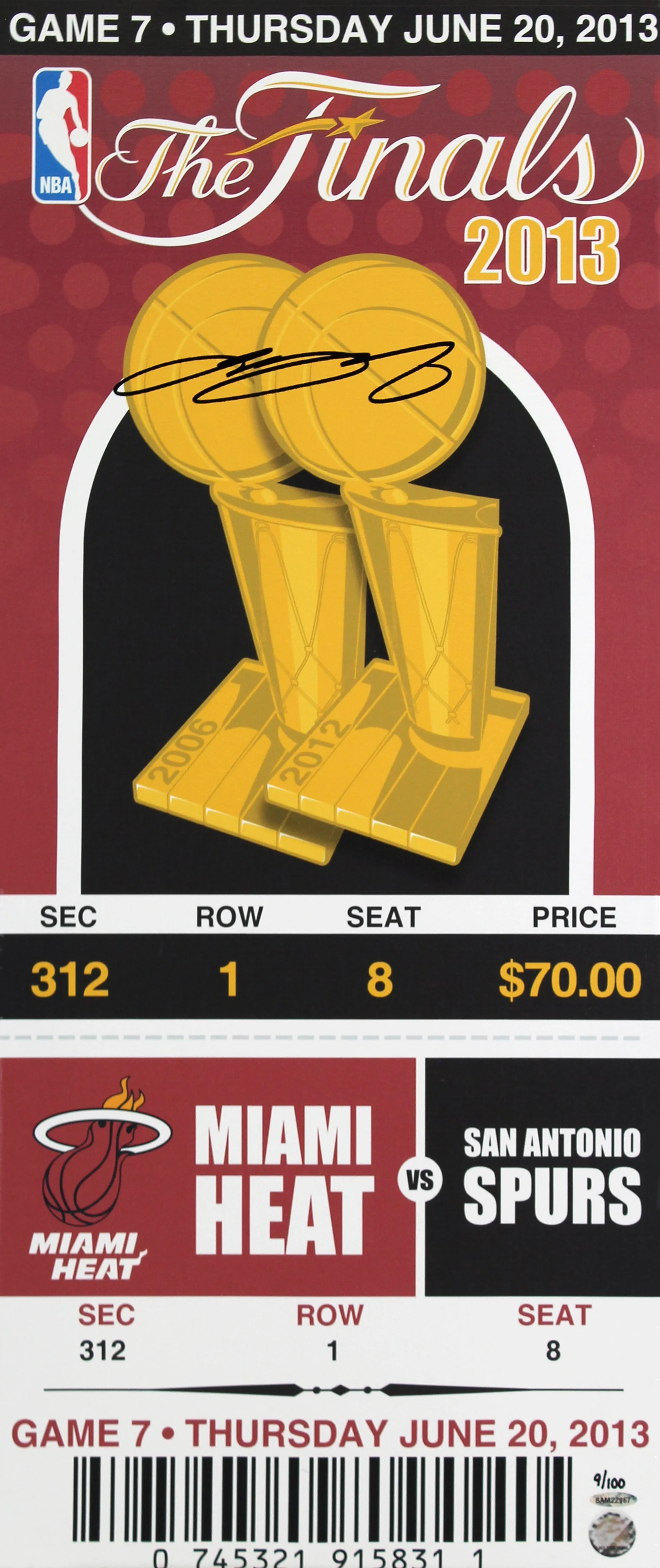Heat LeBron James Signed 14x33 2013 Finals Mega Ticket Canvas LE #9/100 UDA - Image 2