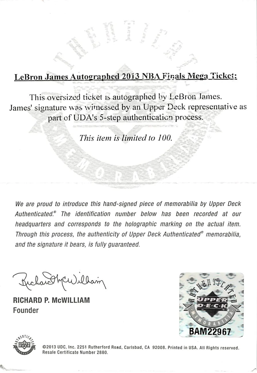 Heat LeBron James Signed 14x33 2013 Finals Mega Ticket Canvas LE #9/100 UDA - Image 6