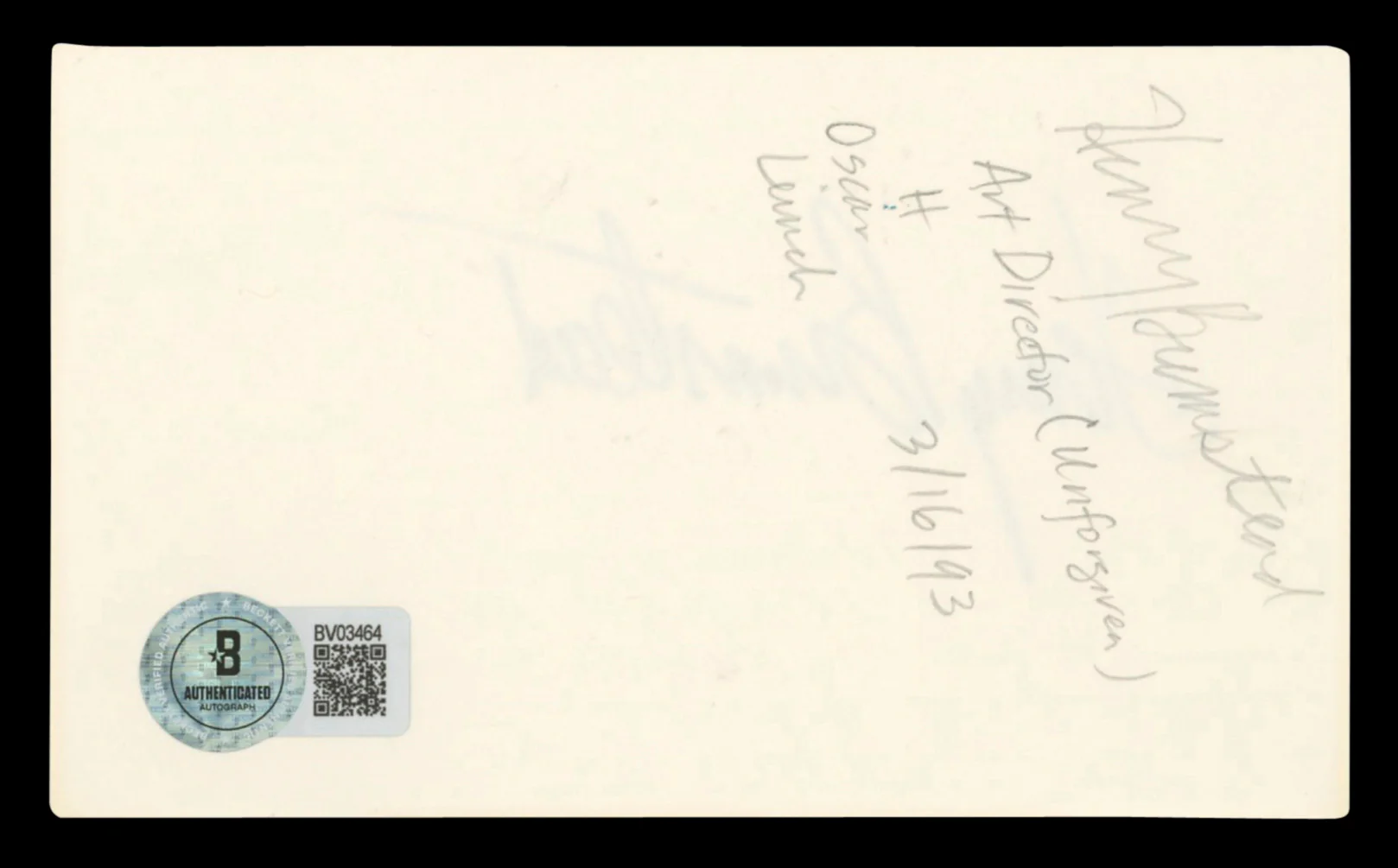 Henry Bumstead Authentic Signed 3x5 Index Card Autographed BAS #BV03464 - Image 3