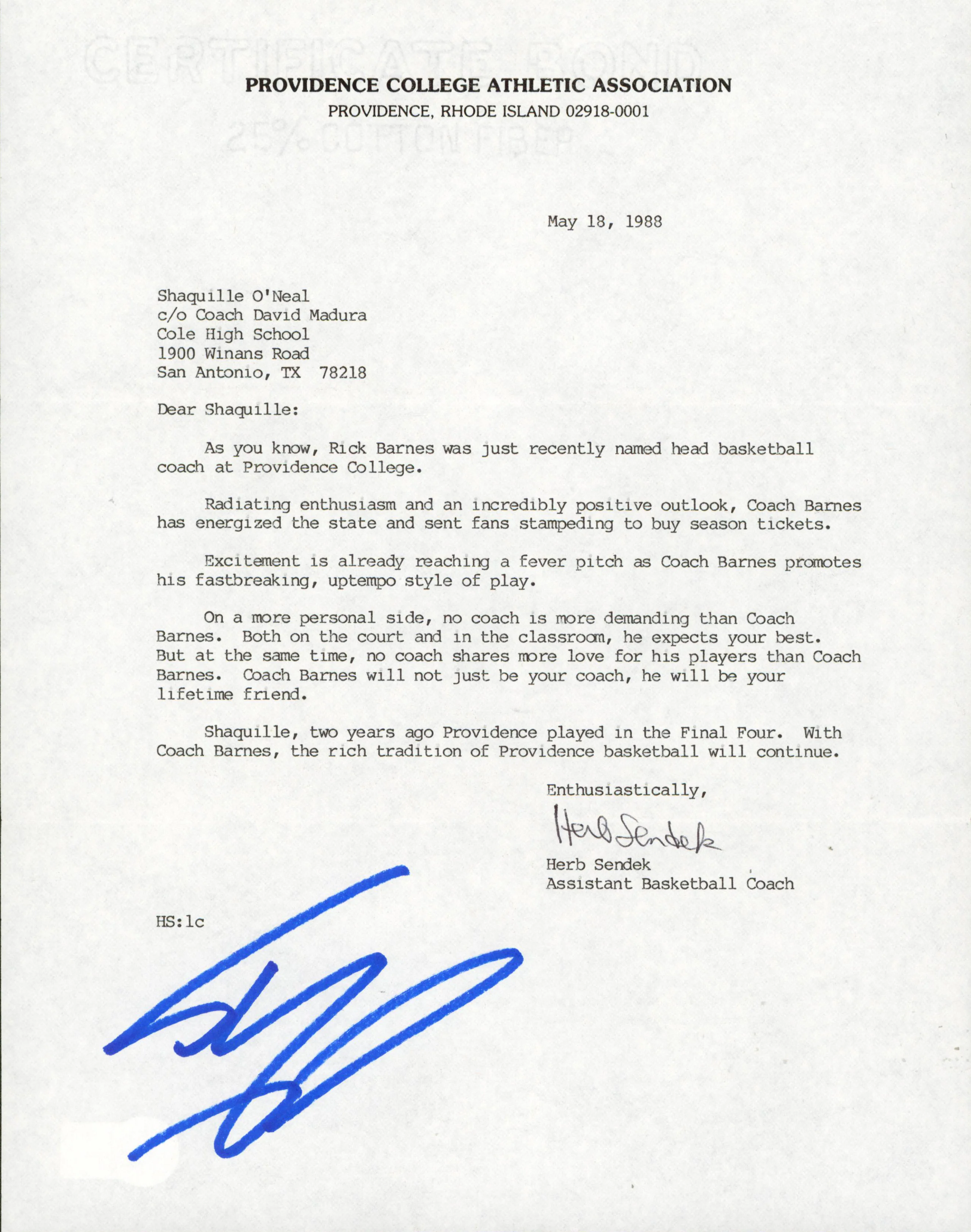 Herb Sendek & Shaquille O'Neal Signed 1988 Providence Recruitment Letter BAS