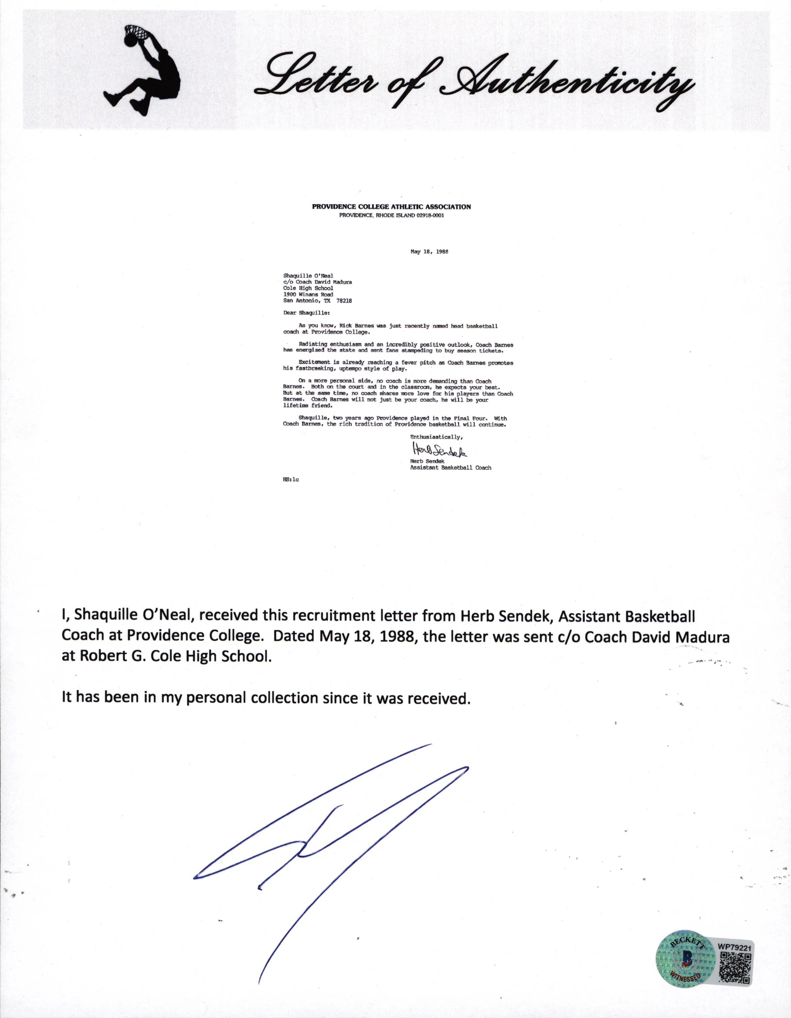 Herb Sendek & Shaquille O'Neal Signed 1988 Providence Recruitment Letter BAS - Image 5