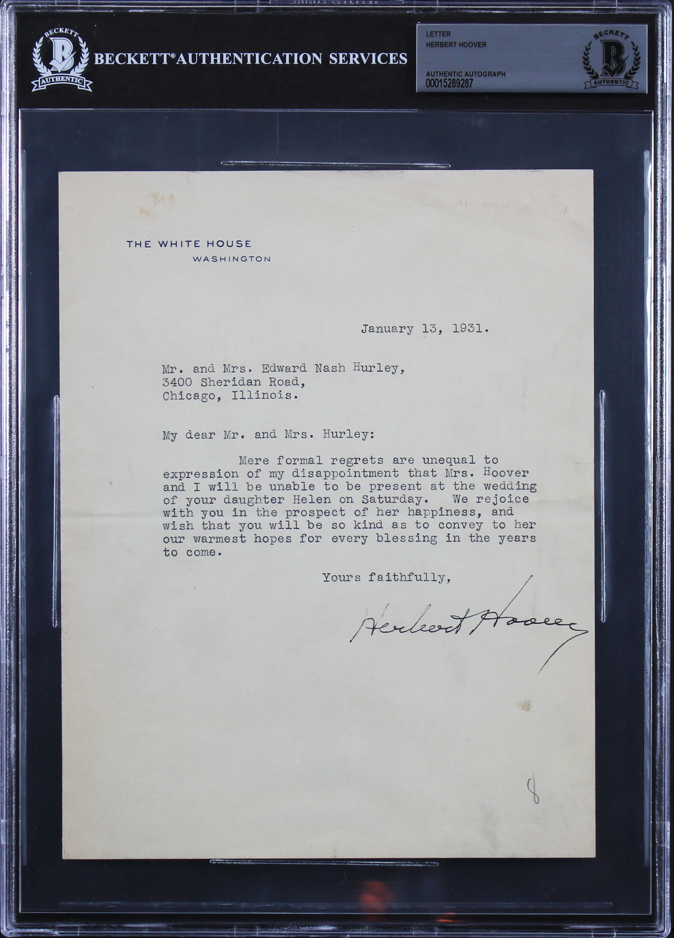 Herbert Hoover Signed 7x8.75 1931 Letter On White House Letterhead BAS Slabbed 2 - Image 2