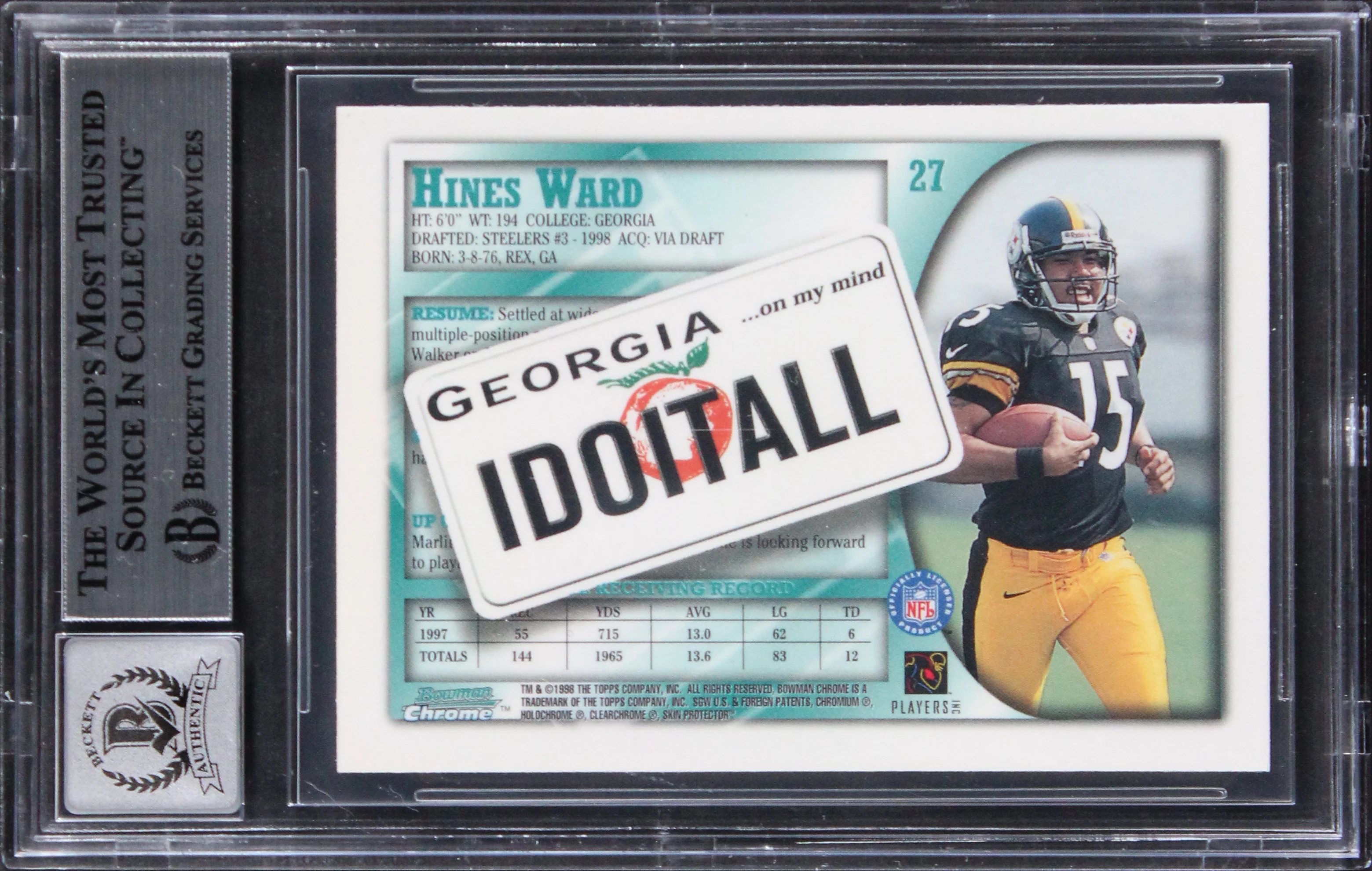 Hines Ward Signed 1998 Bowman Chrome Interstate #27 RC Card Auto 10! BAS Slab - Image 3