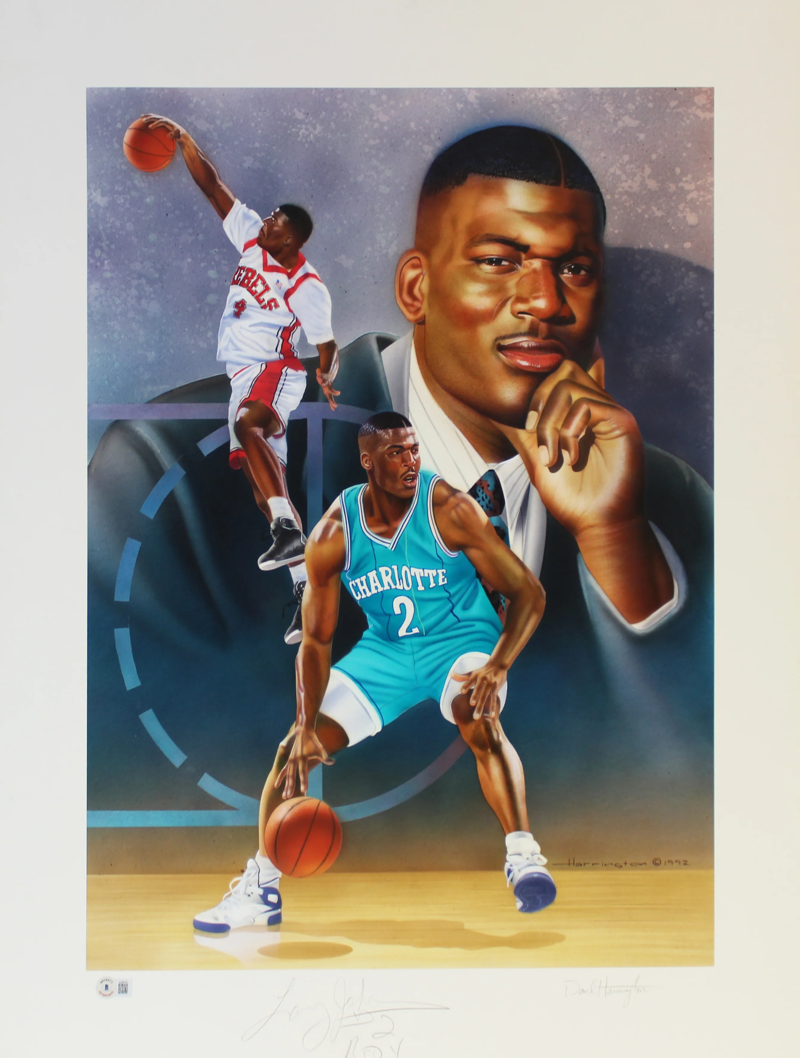 Hornets Larry Johnson "ROY" Authentic Signed 24x30 Lithograph BAS #BJ06319 - Image 2