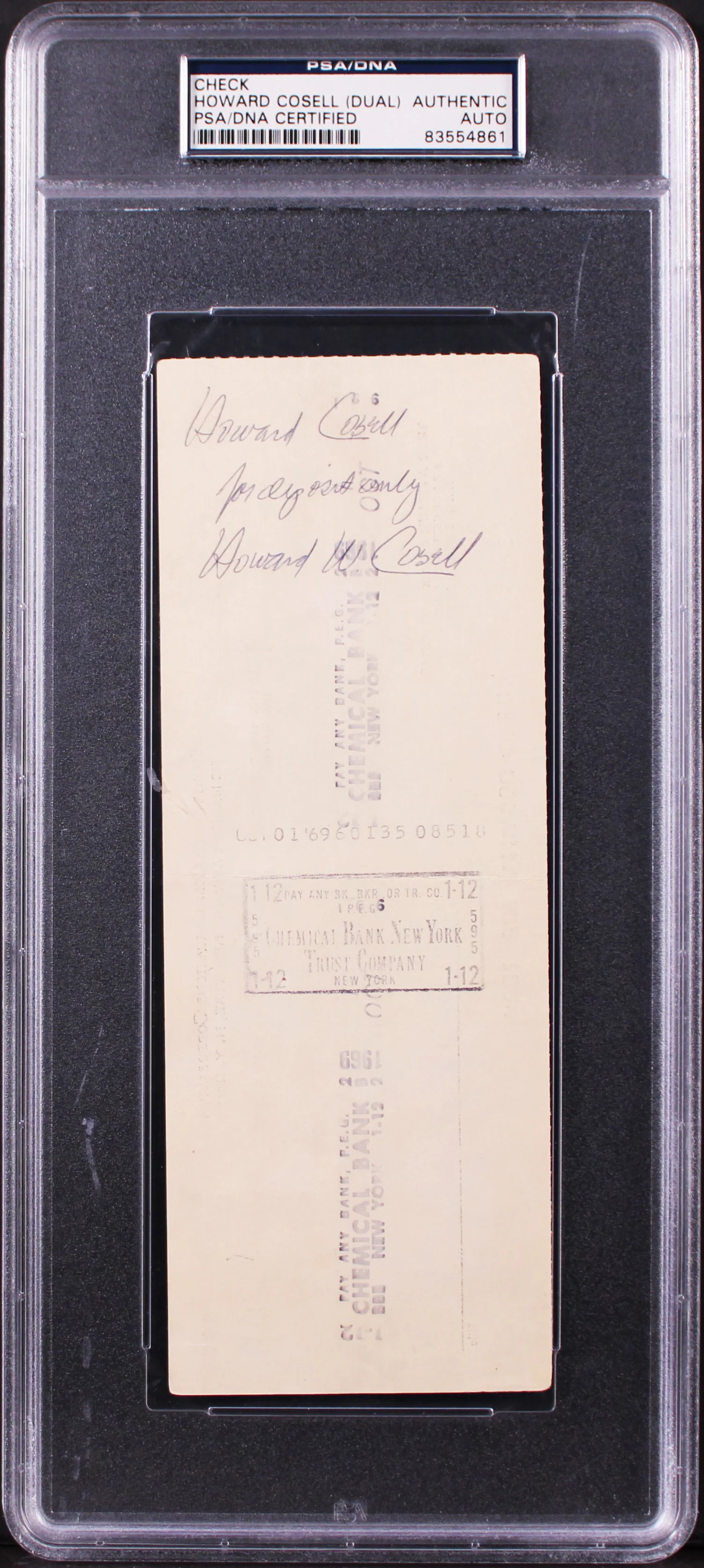 Howard Cosell Authentic Double Signed 3x8.25 Check Dated 9/30/1969 PSA Slabbed - Image 2
