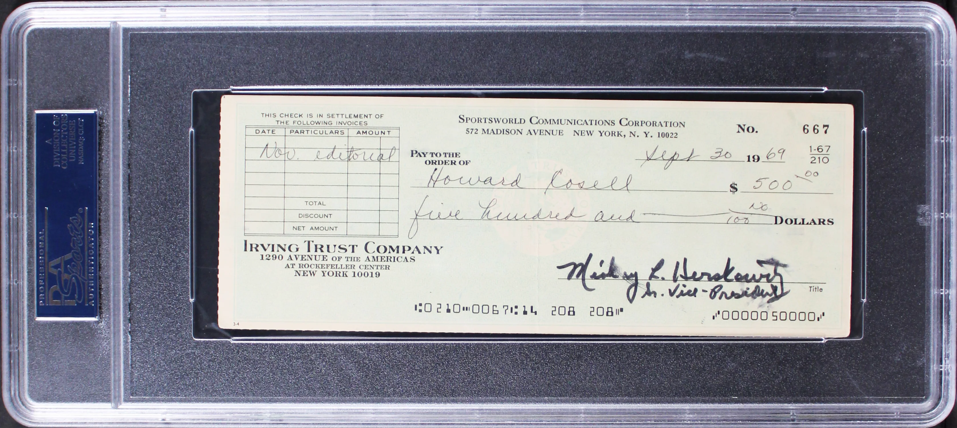 Howard Cosell Authentic Double Signed 3x8.25 Check Dated 9/30/1969 PSA Slabbed - Image 3