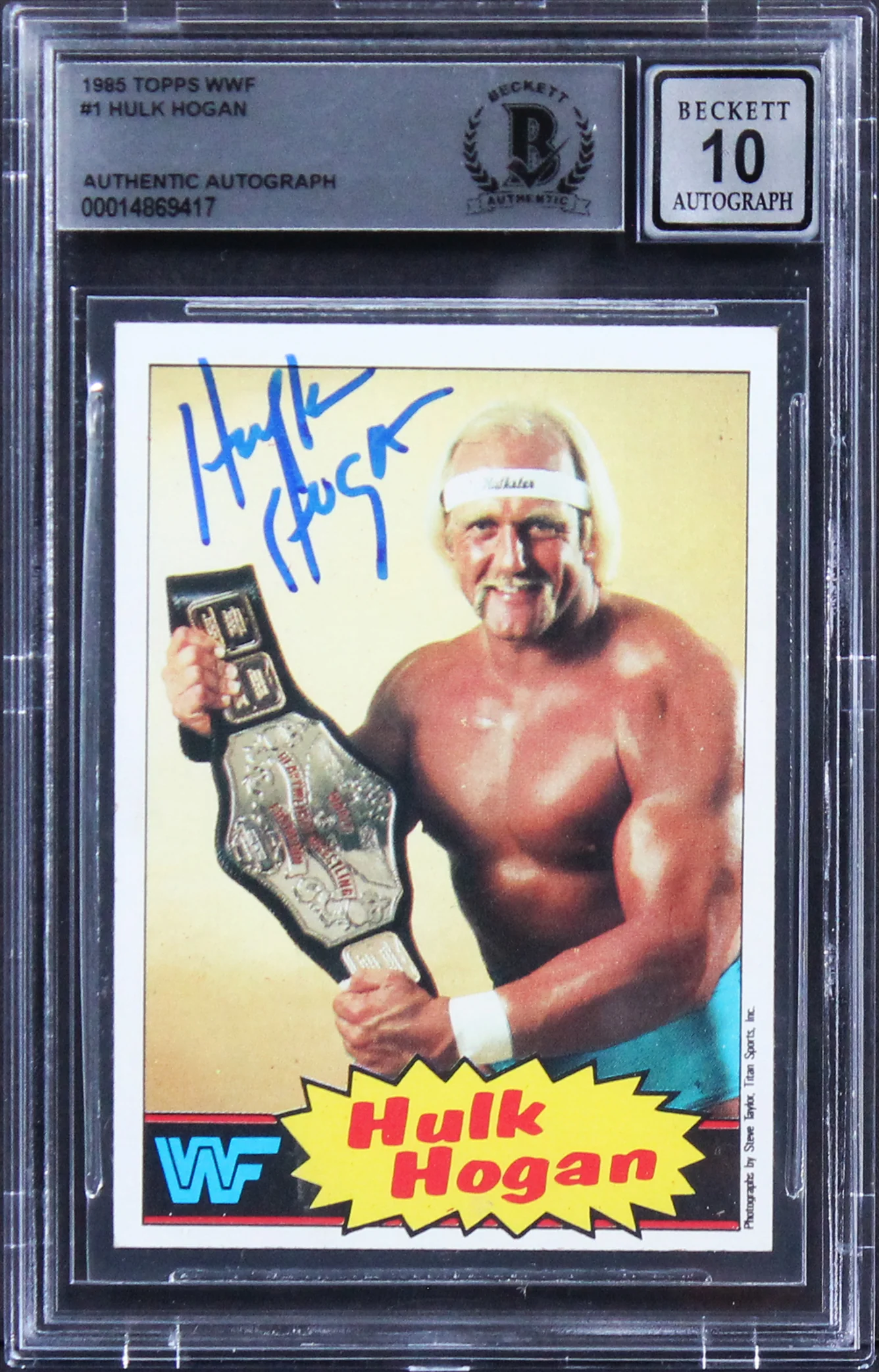 Hulk Hogan Signed 1985 Topps WWF #16 Yellow Back Rookie Card Auto 10 BAS Slabbed - Image 2