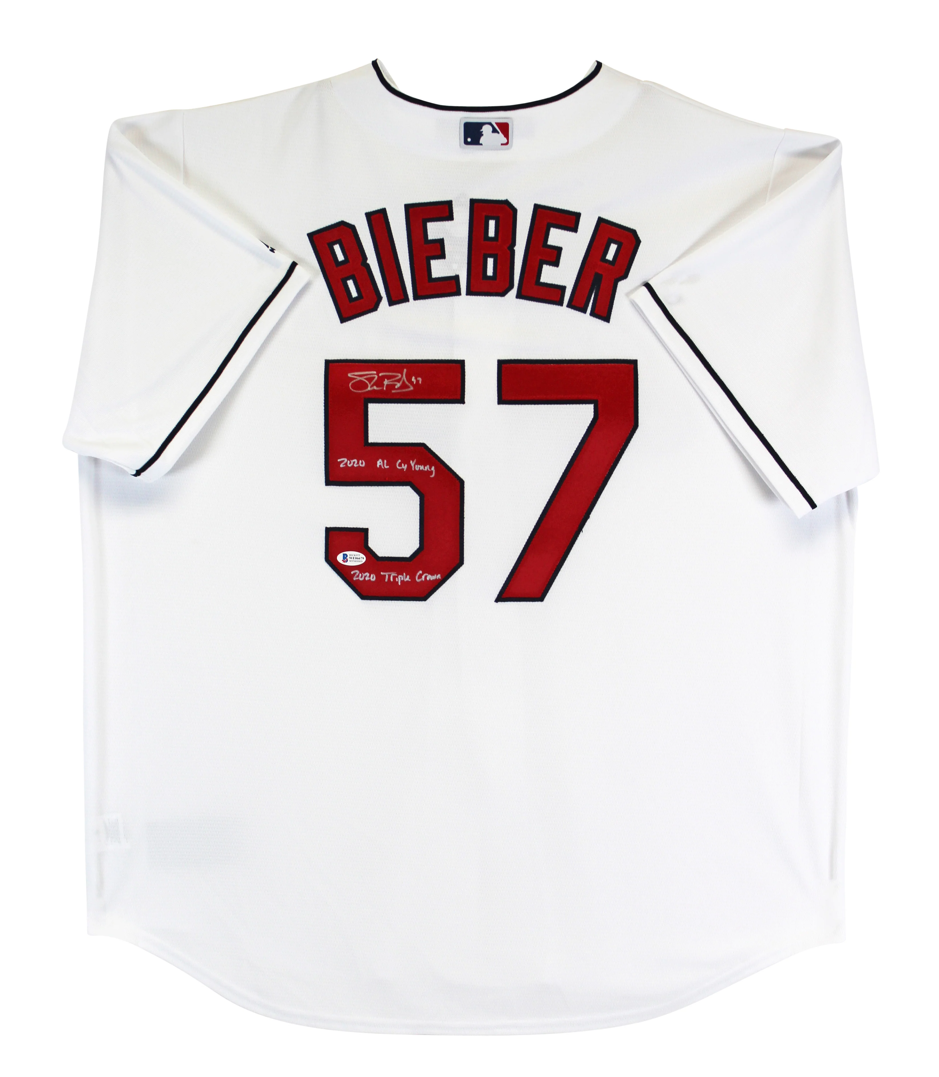 Indians Shane Bieber "2x Insc" Signed White Majestic Cool Base Jersey BAS Wit - Image 2