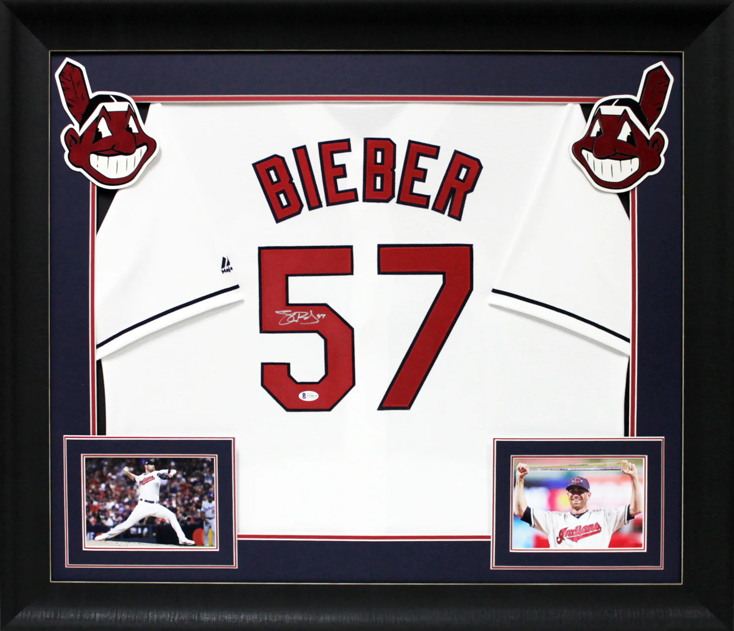 Indians Shane Bieber Signed White Majestic Cool Base Jersey Framed Jersey BAS - Image 2