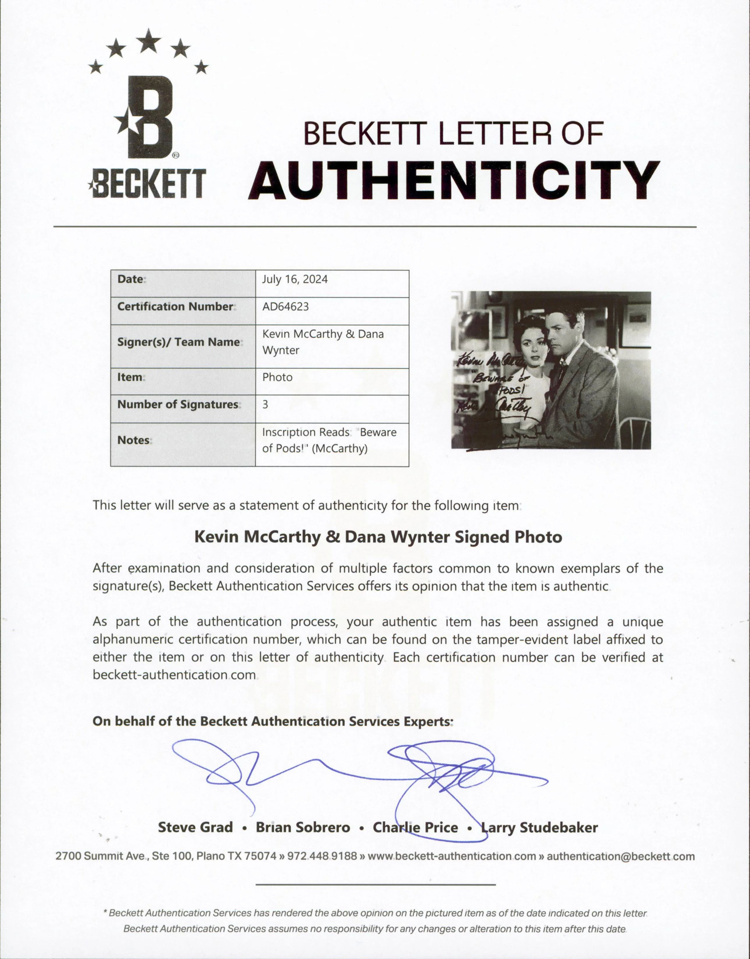 Invasion of the Body Snatchers (2) McCarthy & Wynter Signed 8x10 Photo BAS - Image 3