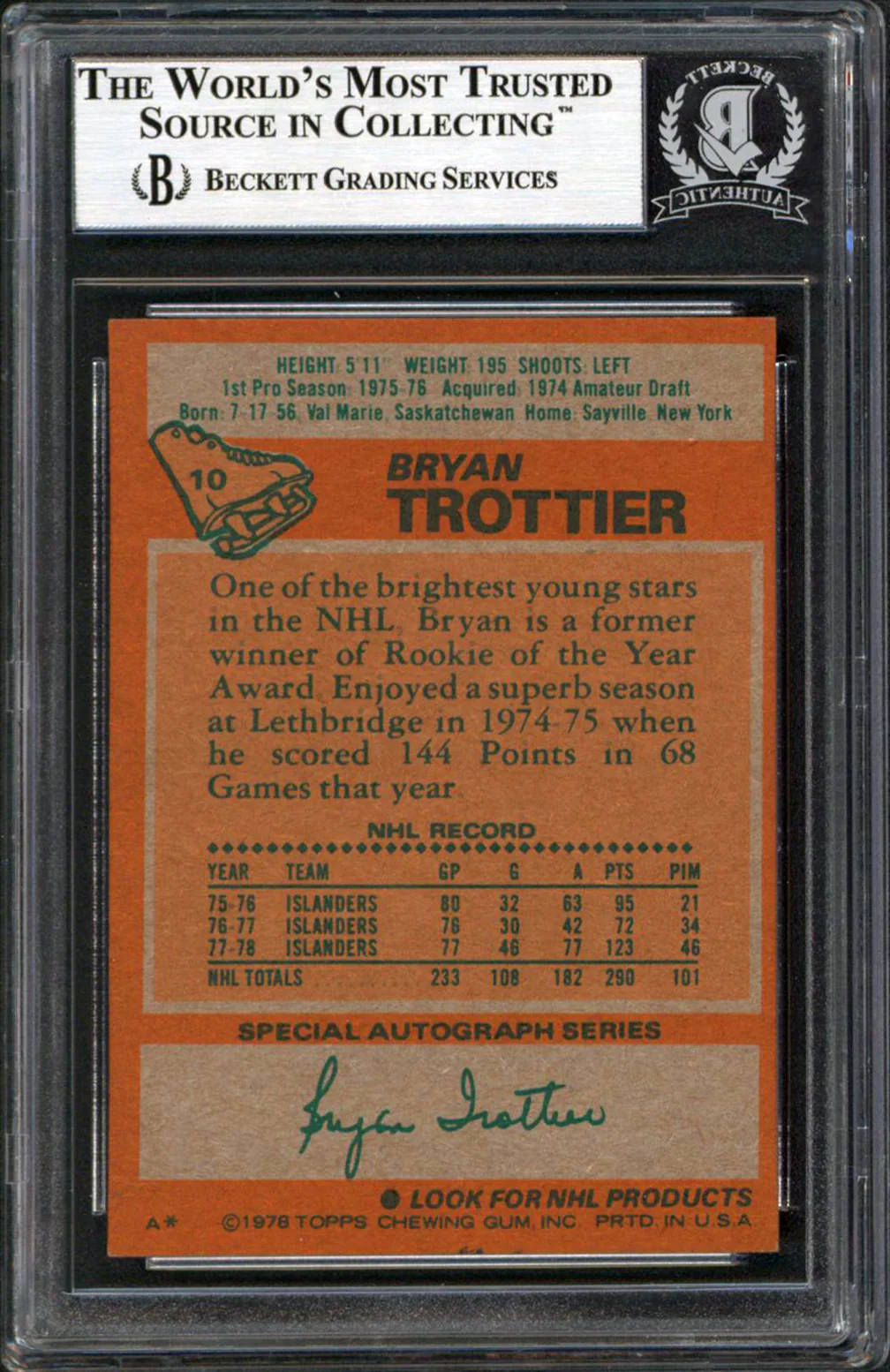 Islanders Bryan Trottier Authentic Signed 1978 Topps #10 Card BAS Slabbed - Image 3