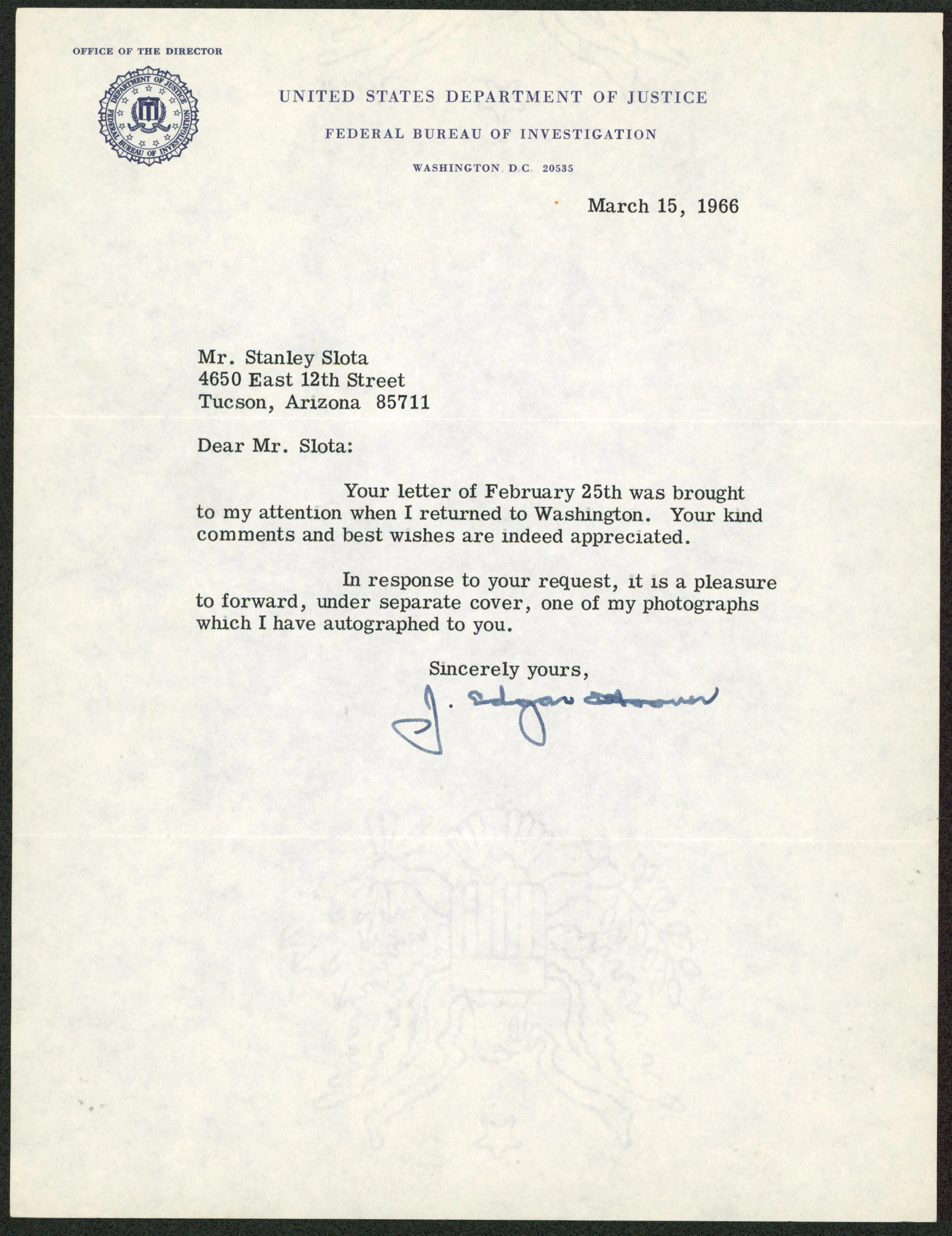 J. Edgar Hoover Signed Letter Dated March 15 1966 On FBI Letterhead BAS #AD64300 - Image 2