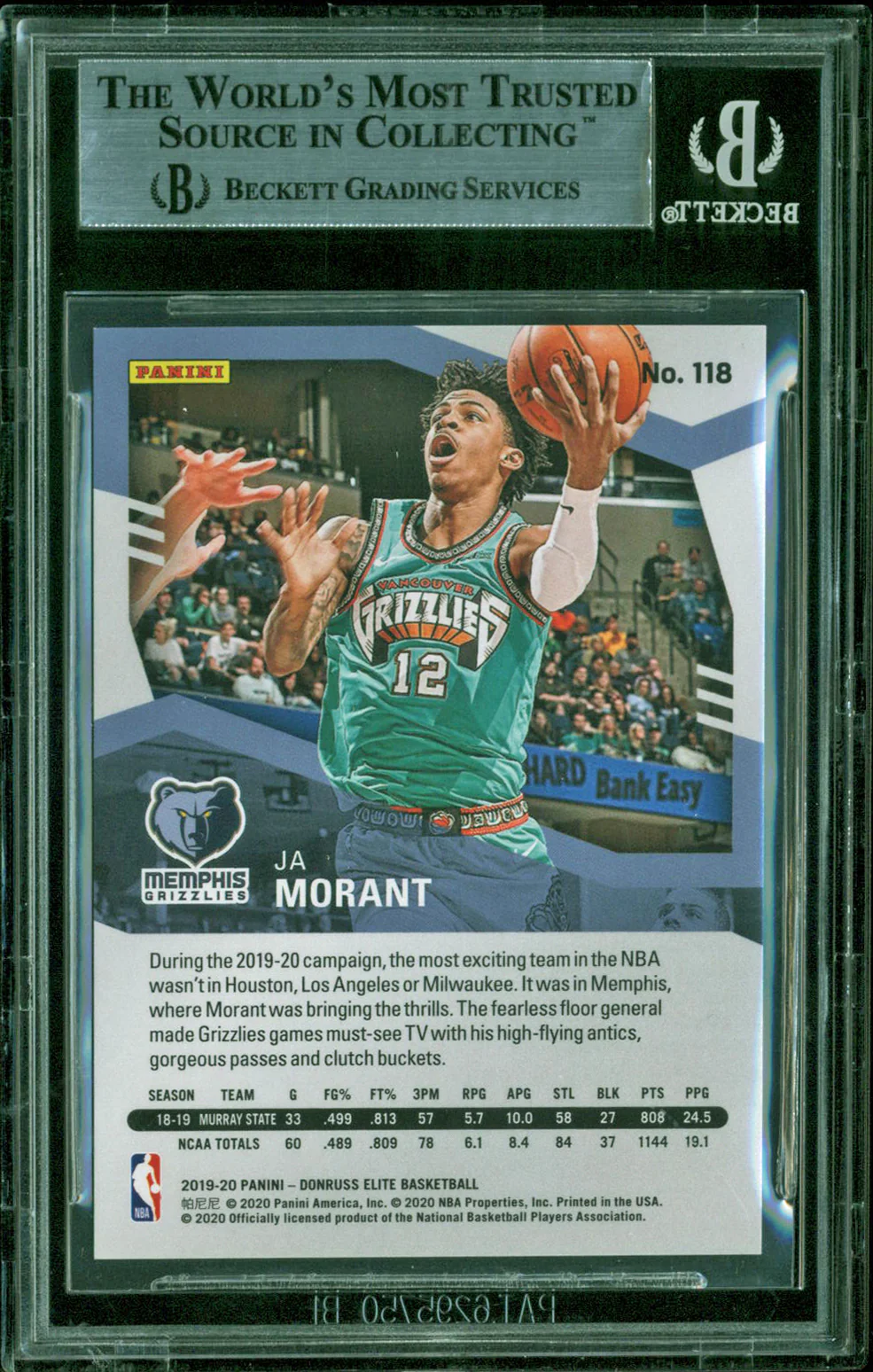 Ja Morant 2019-20 Panini Elite Aspirations #118 18/88 Rookie BGS 8.5 MINT - Image 3