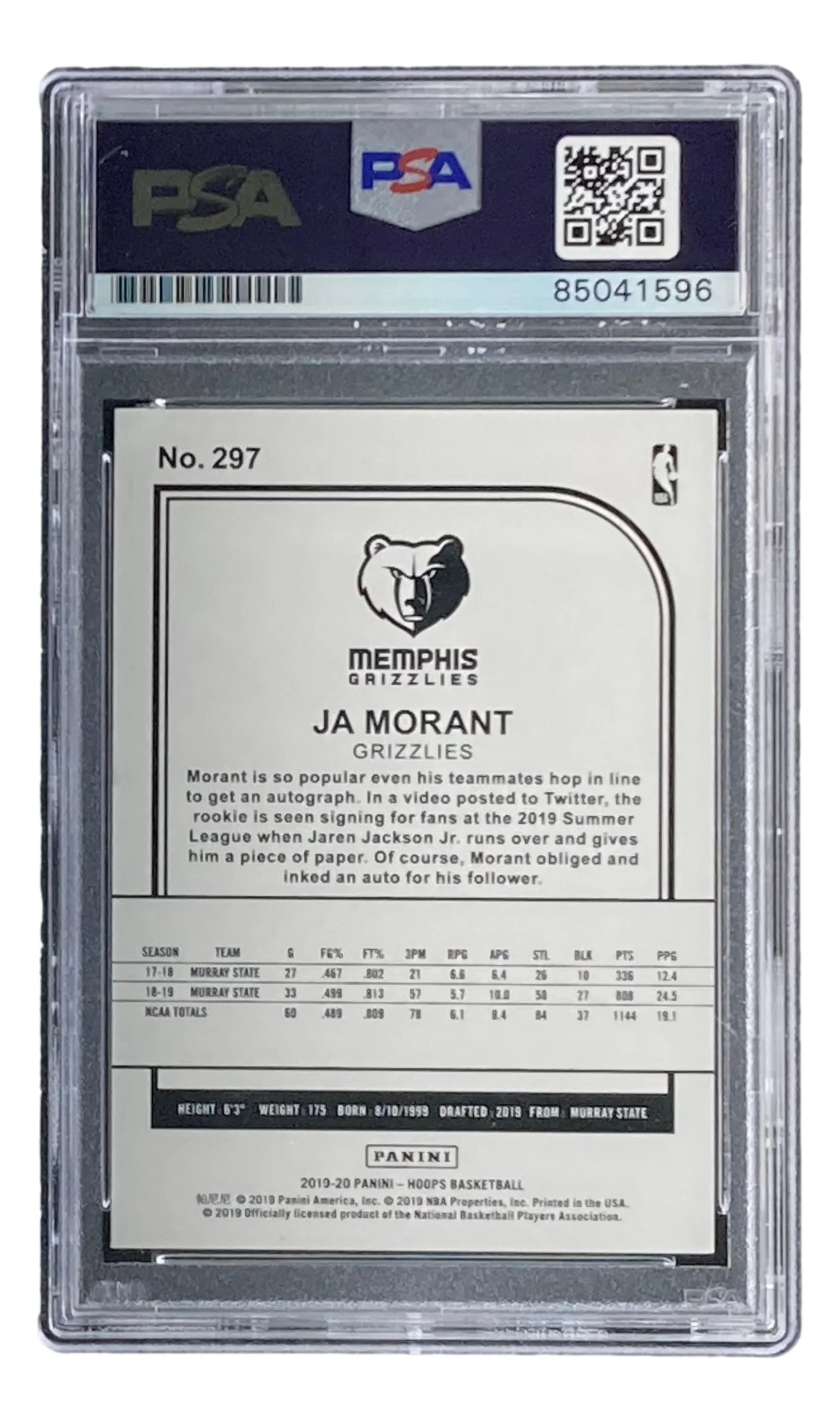 Ja Morant Signed 2019/20 Panini Hoops #297 Grizzlies Rookie Card PSA/DNA - Image 2
