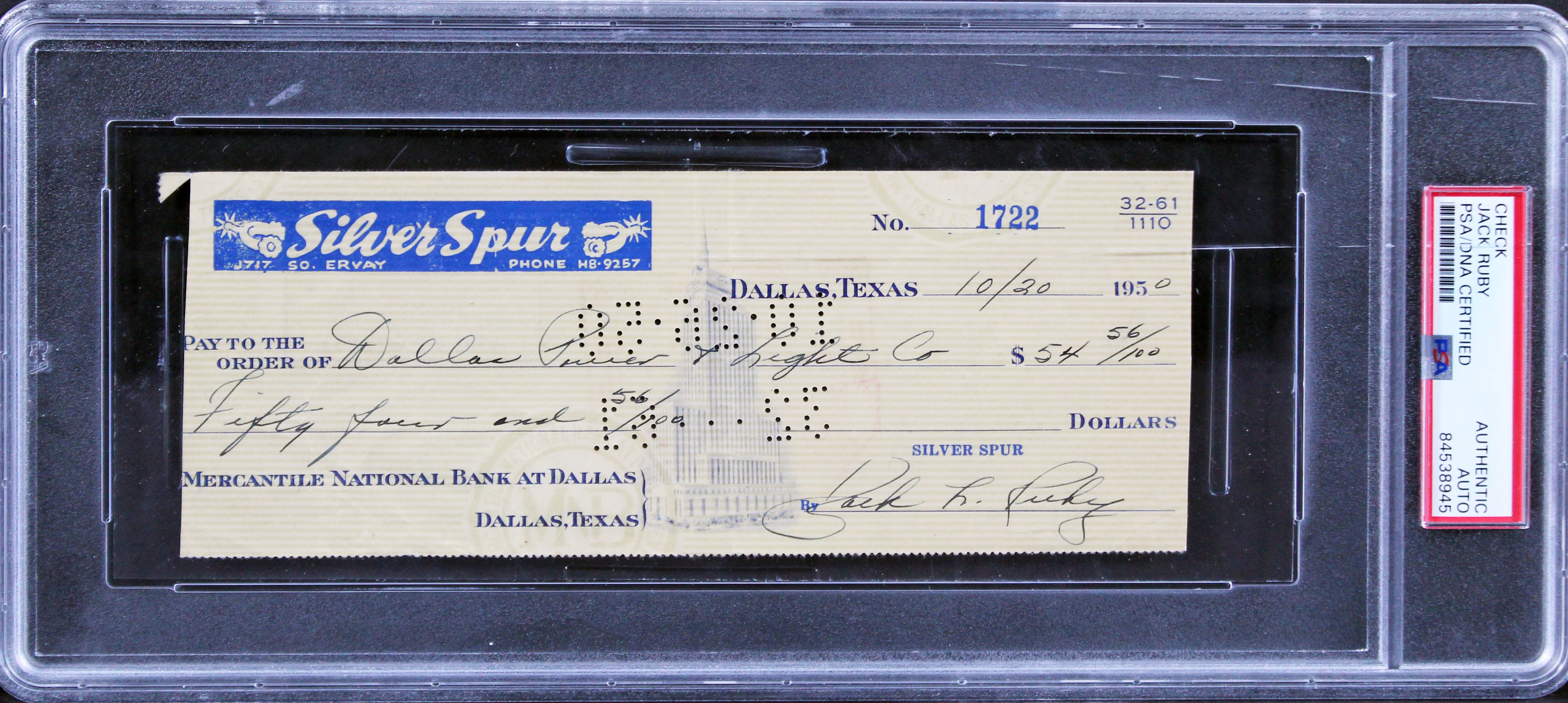 Jack Ruby Authentic Signed 3x7.75 1950 Personal Check PSA/DNA Slabbed - Image 2