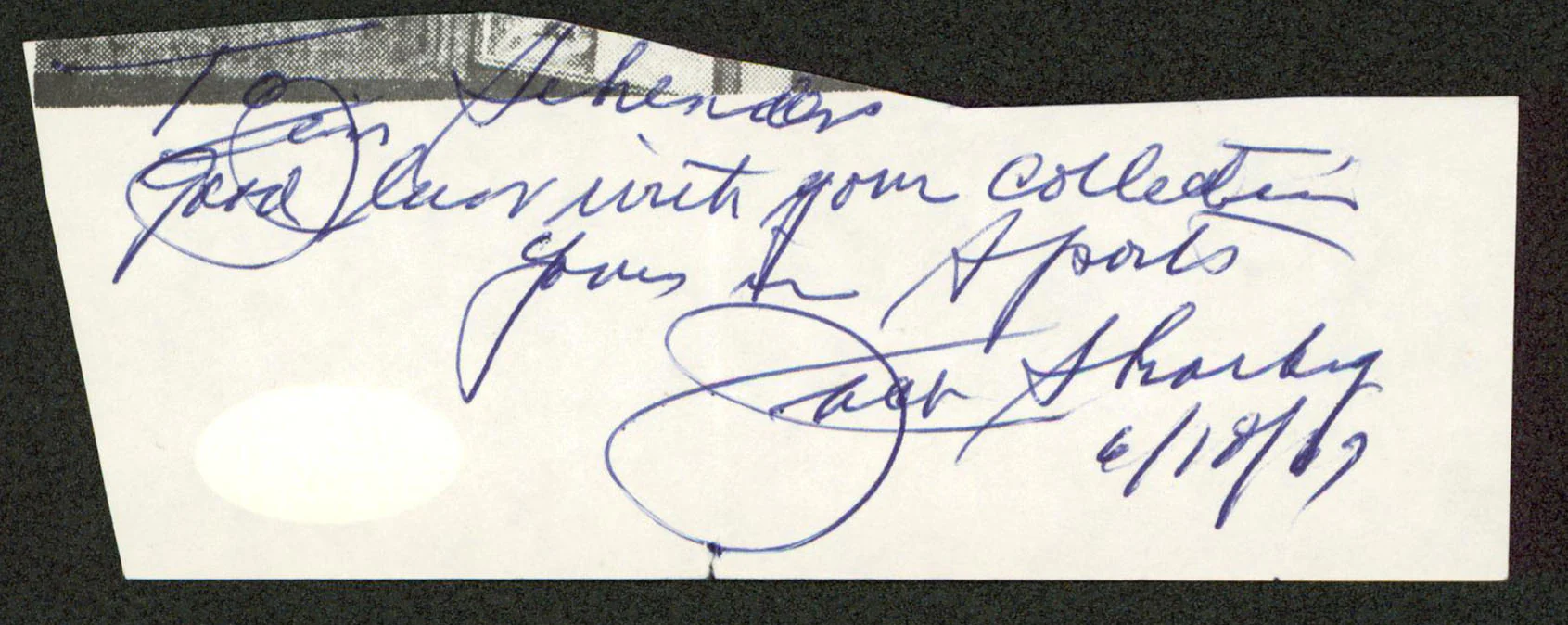 Jack Sharkey "Good Luck With... 6/18/67" Signed 2x5 Cut Signature JSA #S21098 - Image 2
