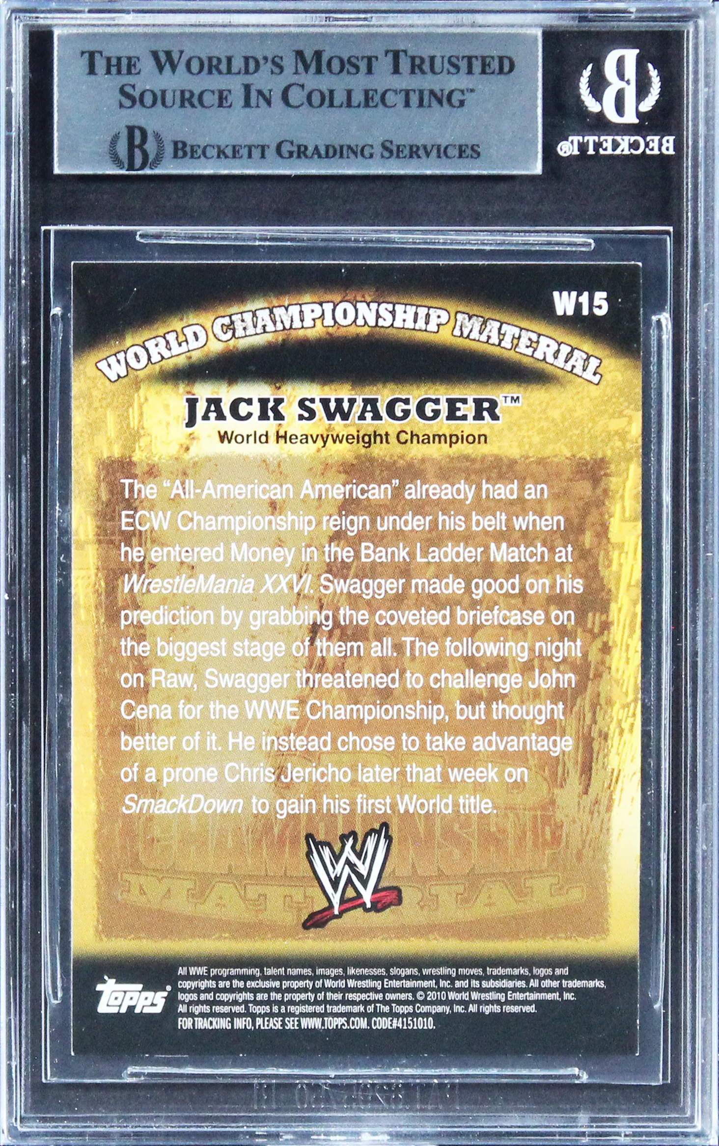 Jack Swagger Signed 2010 Topps WWE World Champion Material #W15 Card BAS Slabbed - Image 3
