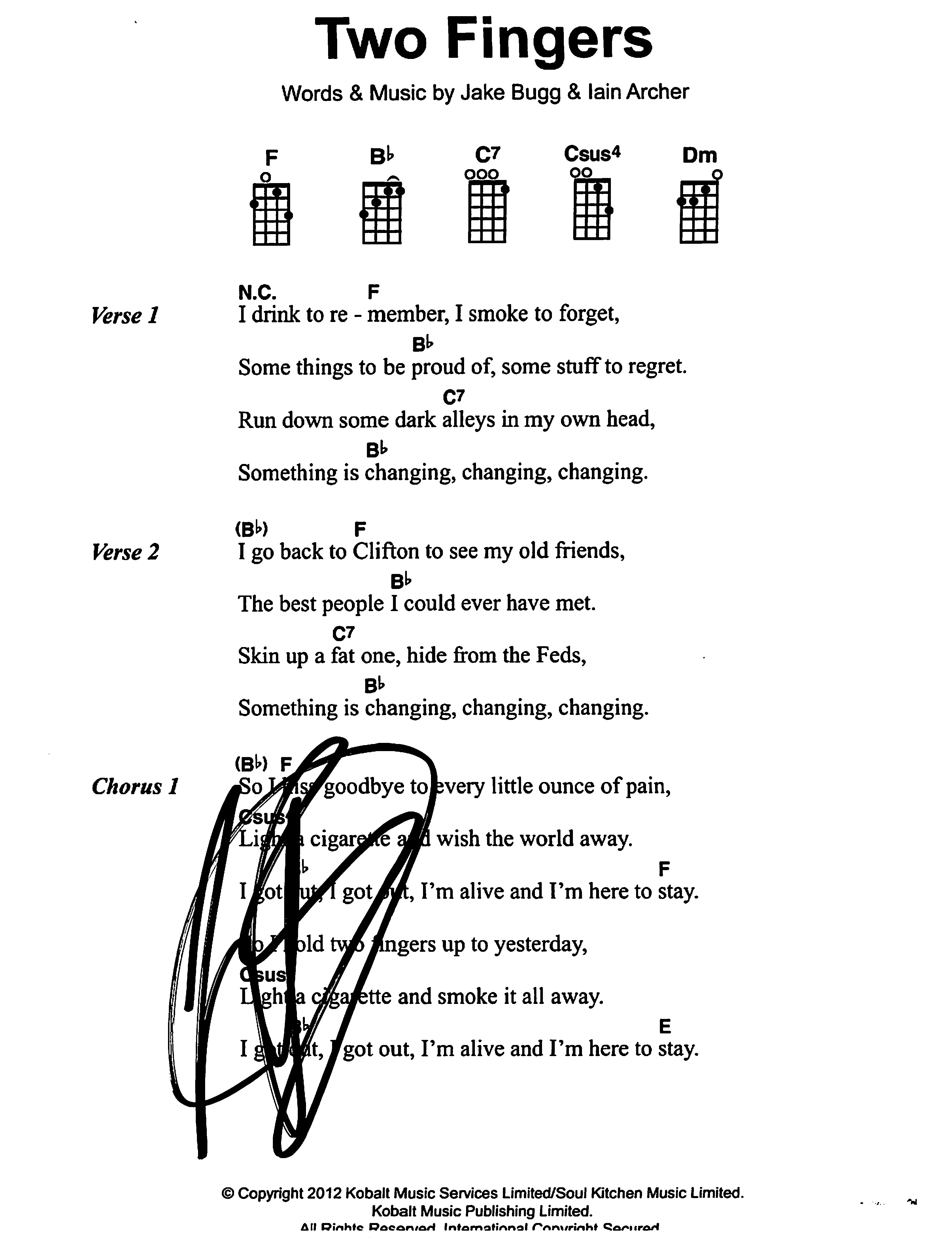 Jake Bugg Authentic Signed 8.5x11 Two Fingers Music Sheet Photo BAS #F99208 - Image 2