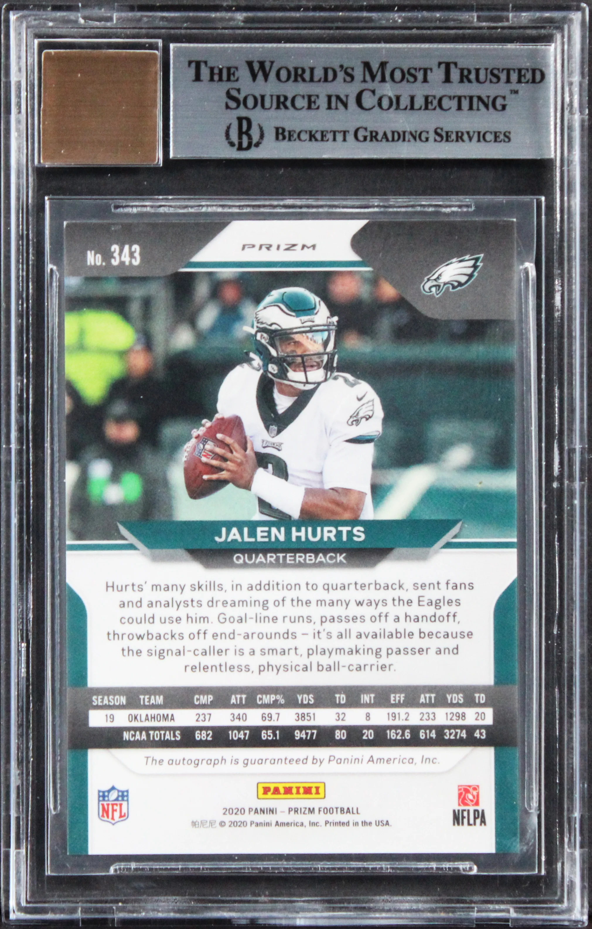 Jalen Hurts Signed 2020 Panini Prizm #343 RC Card Grade 9, Auto 10! BAS Slabbed - Image 3