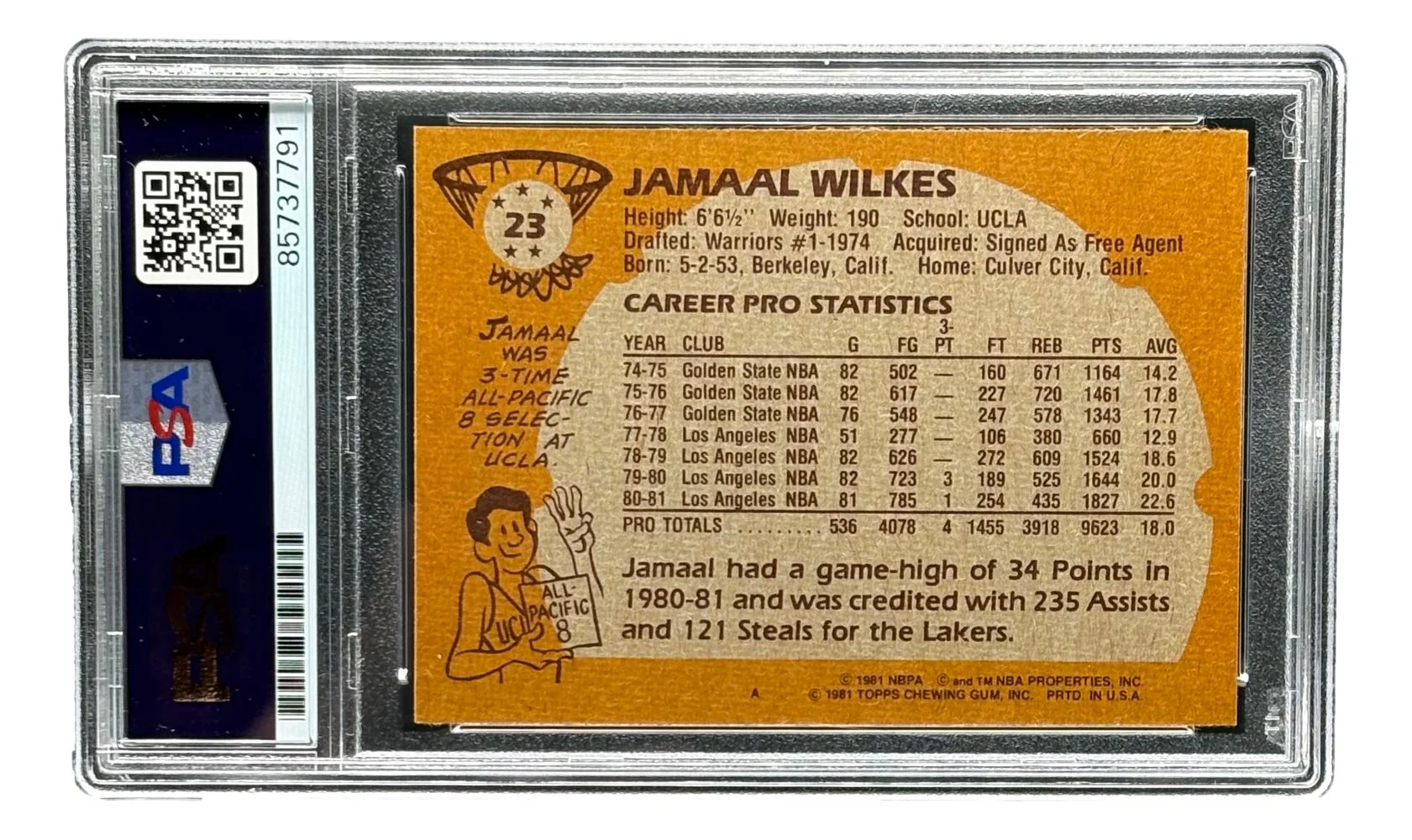Jamaal Wilkes Signed 1981/82 Topps #23 Lakers Trading Card HOF 2012 PSA/DNA - Image 2