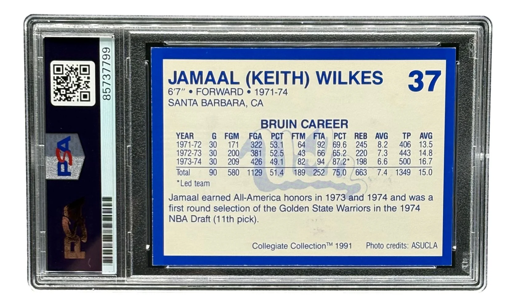 Jamaal Wilkes Signed 1991 Collegiate Collection #37 UCLA Trading Card PSA/DNA - Image 2