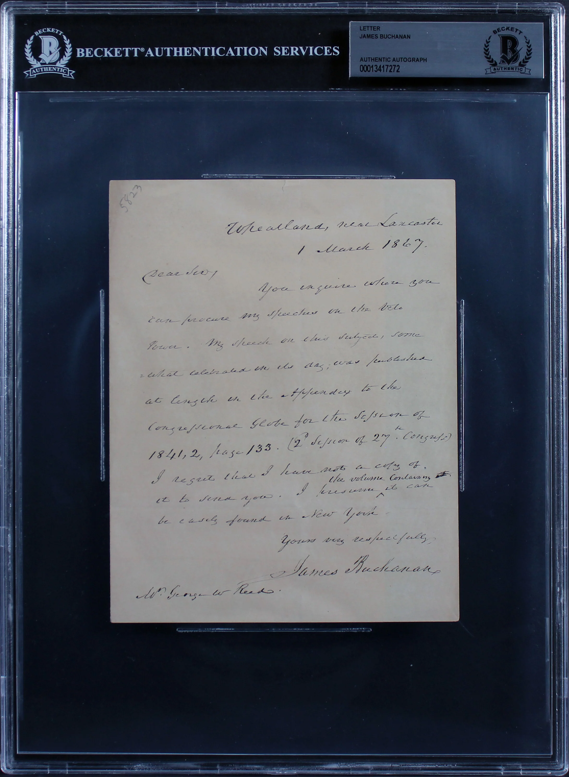 James Buchanan Authentic Signed 5.5x7 1867 Handwritten Letter BAS Slabbed - Image 2