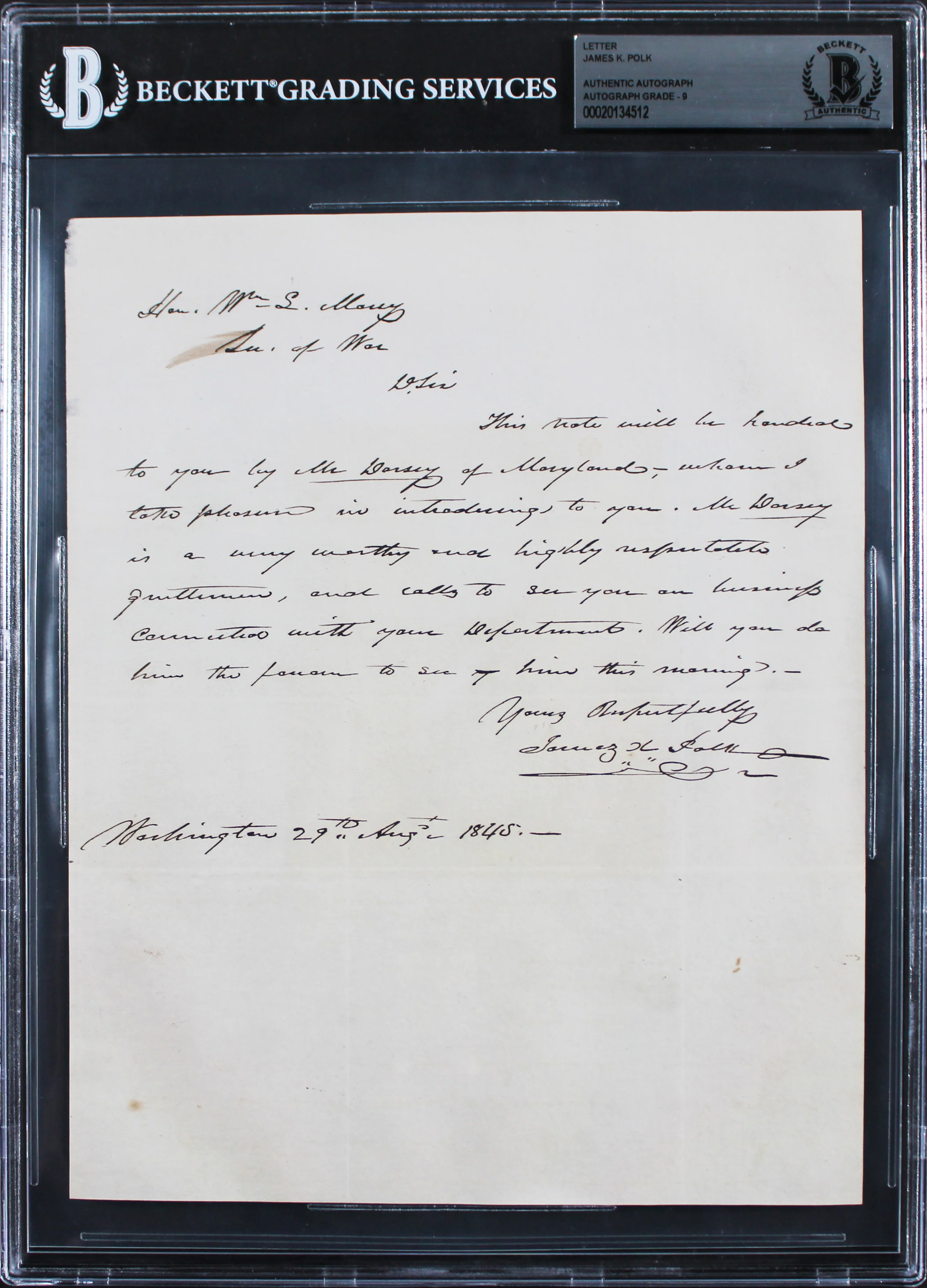 James K. Polk Signed 7.5x9.25 August 1845 Handwritten Letter Auto 9 BAS Slab - Image 2