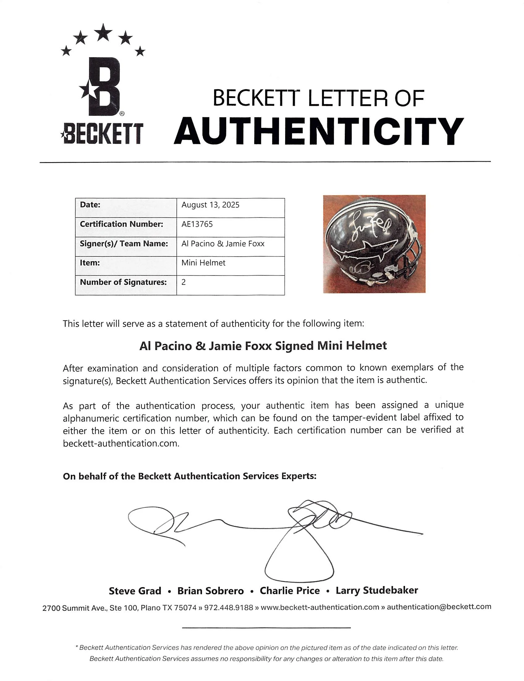 Jamie Foxx & Al Pacino Any Given Sunday Signed Sharks Mini Helmet BAS #AE13765 - Image 4