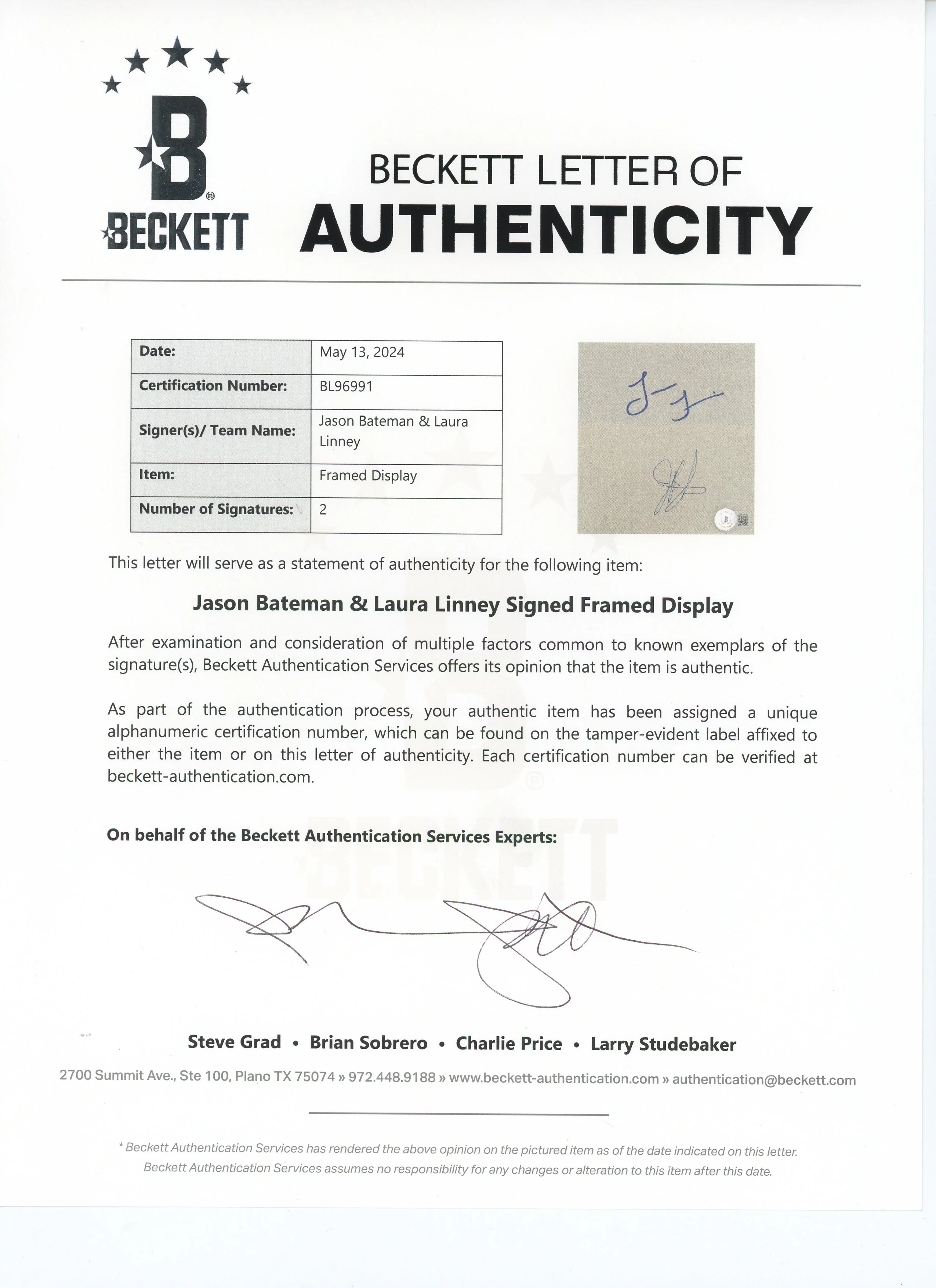 Jason Bateman & Laura Linney Ozark Signed Index Card Framed Display BAS #BL96991 - Image 5
