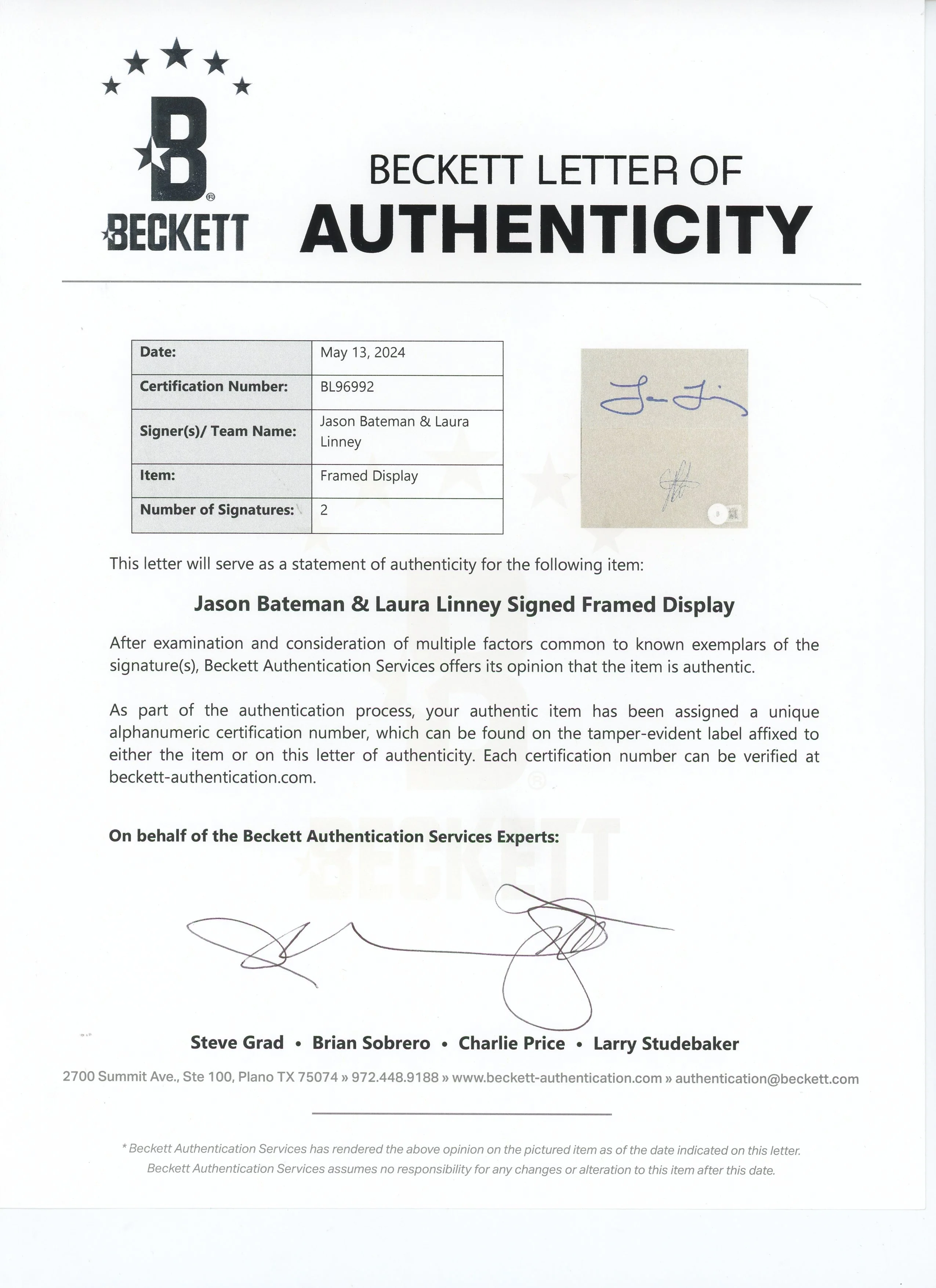 Jason Bateman & Laura Linney Ozark Signed Index Card Framed Display BAS #BL96992 - Image 5