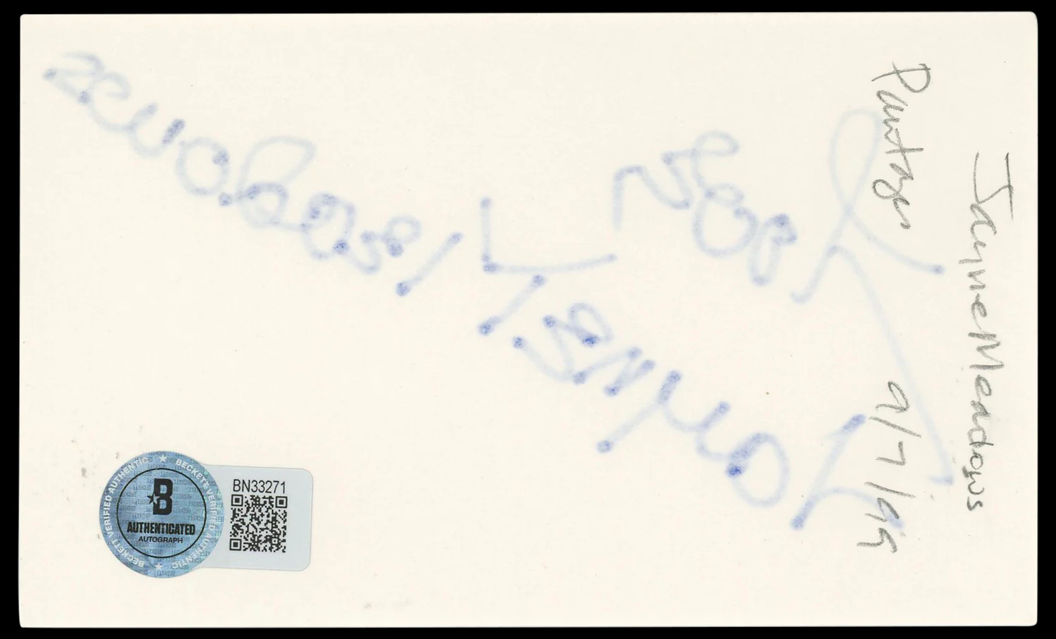 Jayne Meadows Undercurrent "Love" Authentic Signed 3x5 Index Card BAS #BN33271 - Image 3