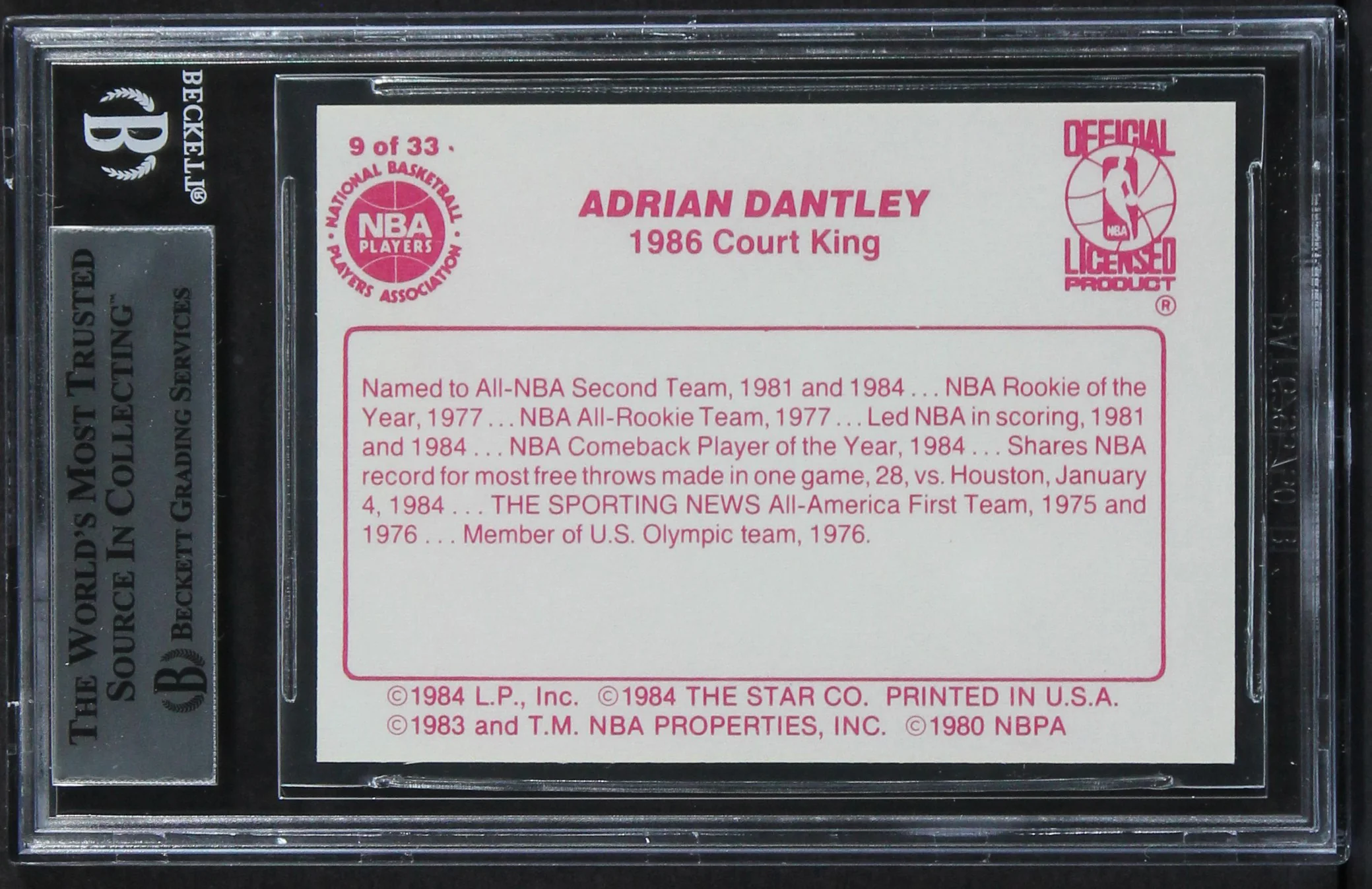 Jazz Adrian Dantley "2x Insc" Signed 1986 Star Court Kings #9 Card BAS Slabbed - Image 3
